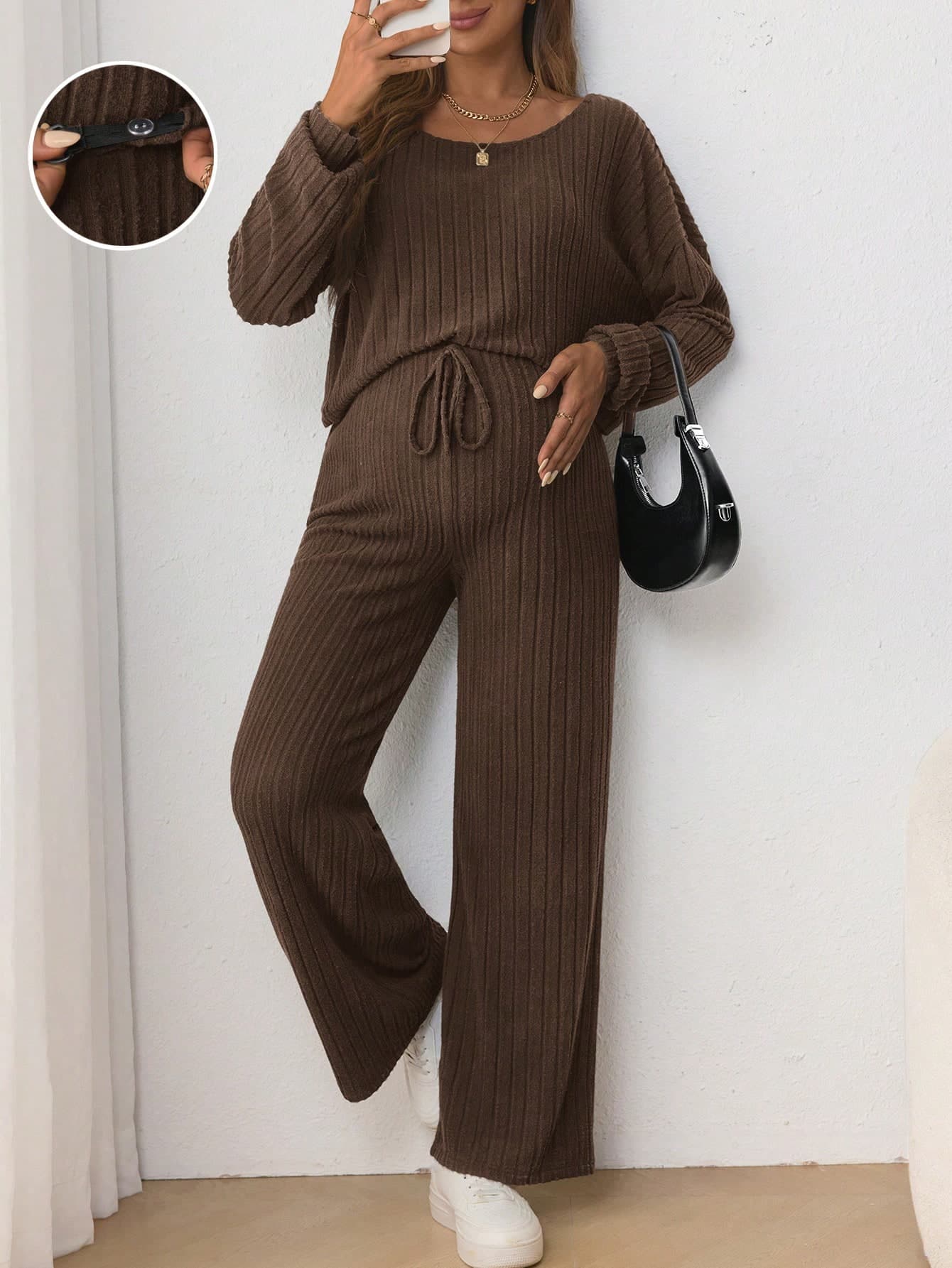 SHEIN Maternity Casual Round Neck Long Sleeve T-Shirt And Loose Adjustable Waist Drawstring Bow Pants Two-Piece Set