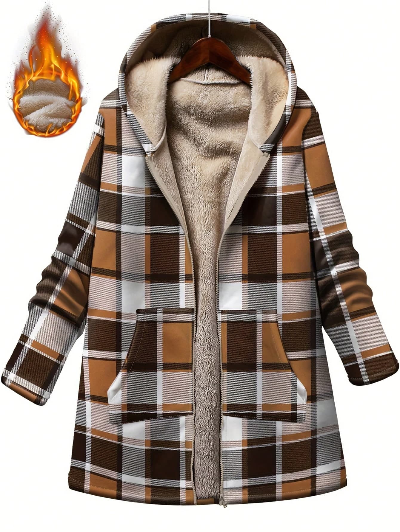 INAWLY Hooded Zip Pocket Plaid Print Cardigan Jacket, Thick Lining, Plus Size, Autumn/Winter Fall Cloth For Women