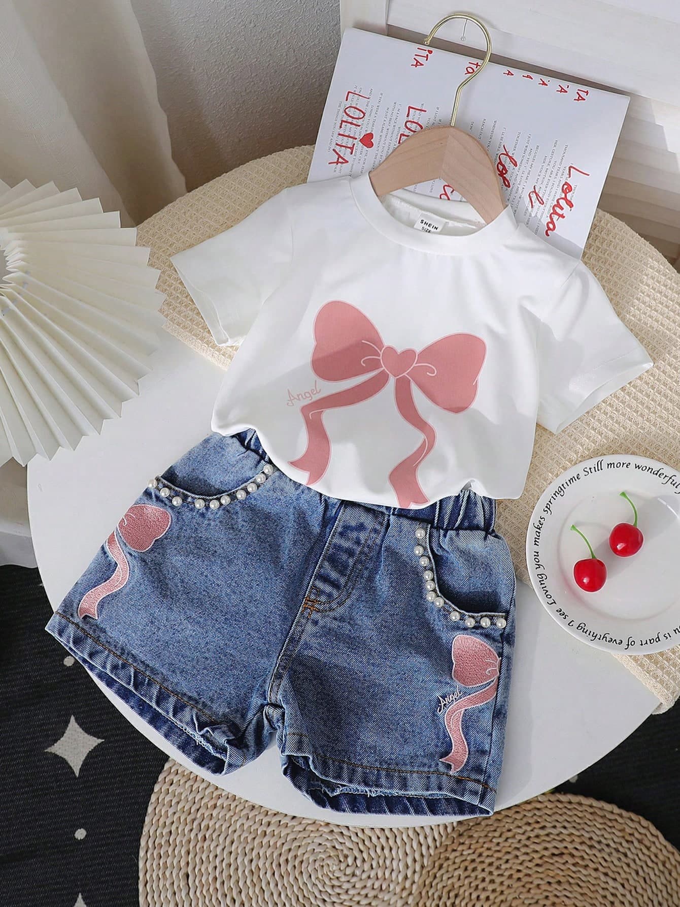 Genkimix Kids 2pcs/Set Young Girl Summer Cute Bow Print Short Sleeve T-Shirt Top + Butterfly Embroidery Shorts, 2 Pieces Outfit Summer Holiday