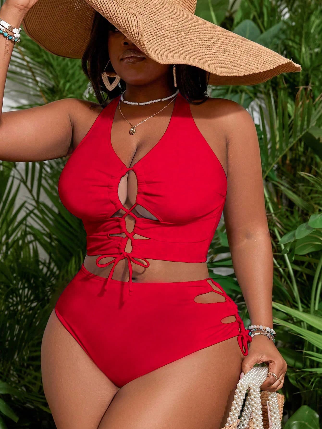 Slaydiva Plus Size Solid Color Front Tie Bikini Top And Bottoms Swimwear Set Summer