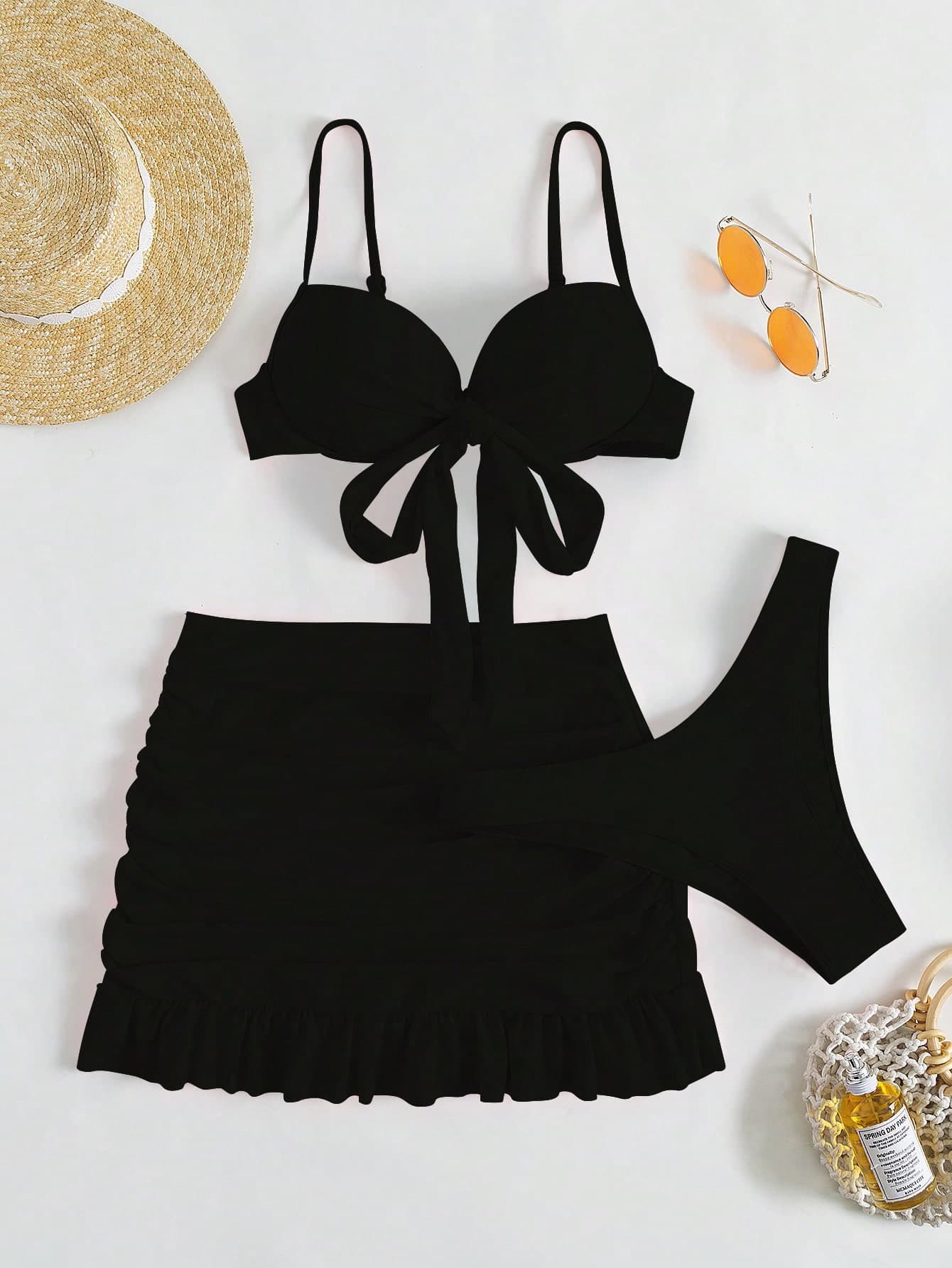 SHEIN Swim Summer Beach Knot Front Push Up Bikini Set With Beach Skirt