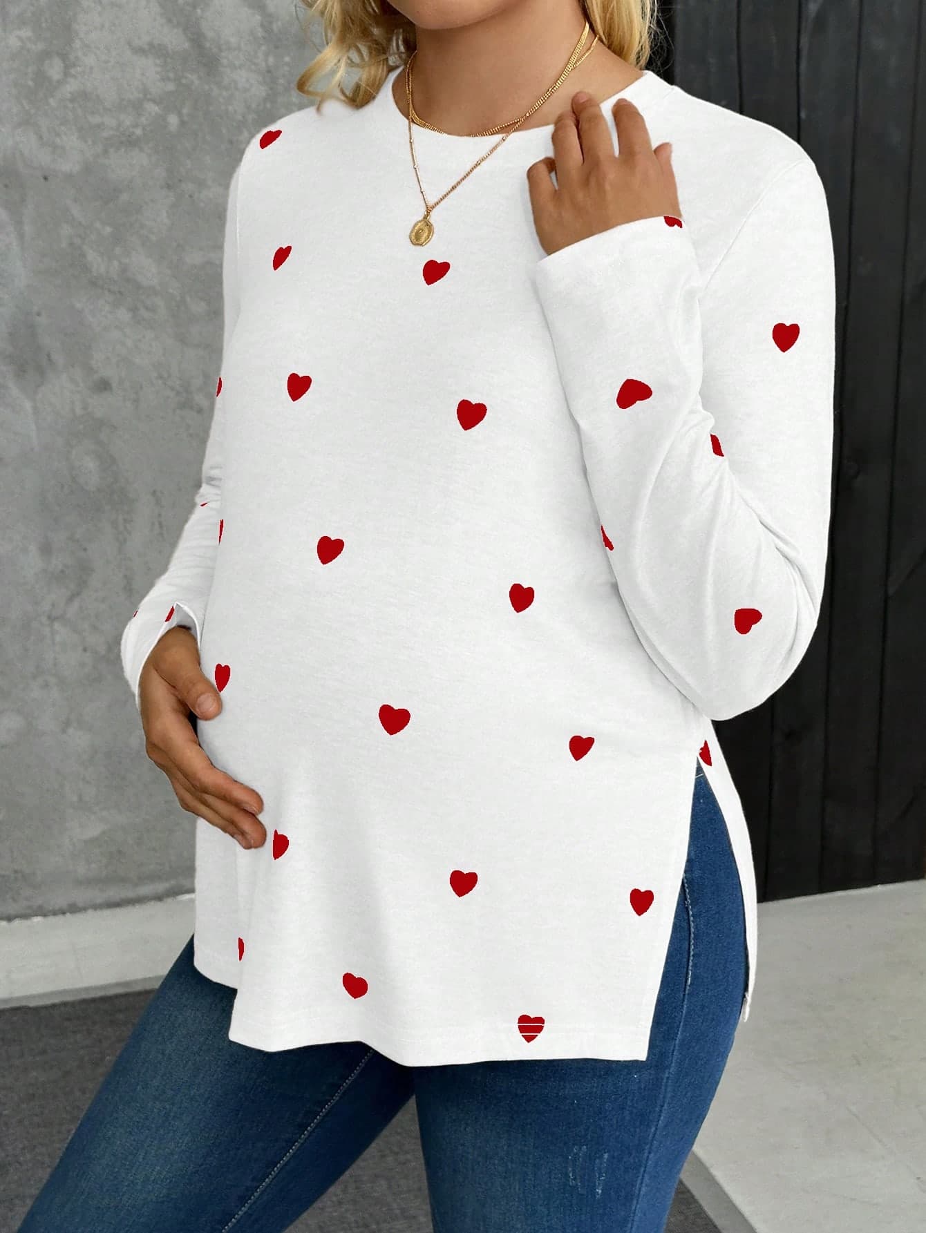 SHEIN Pregnant Women Casual Heart Print Side Slit T-Shirt, Autumn Fall