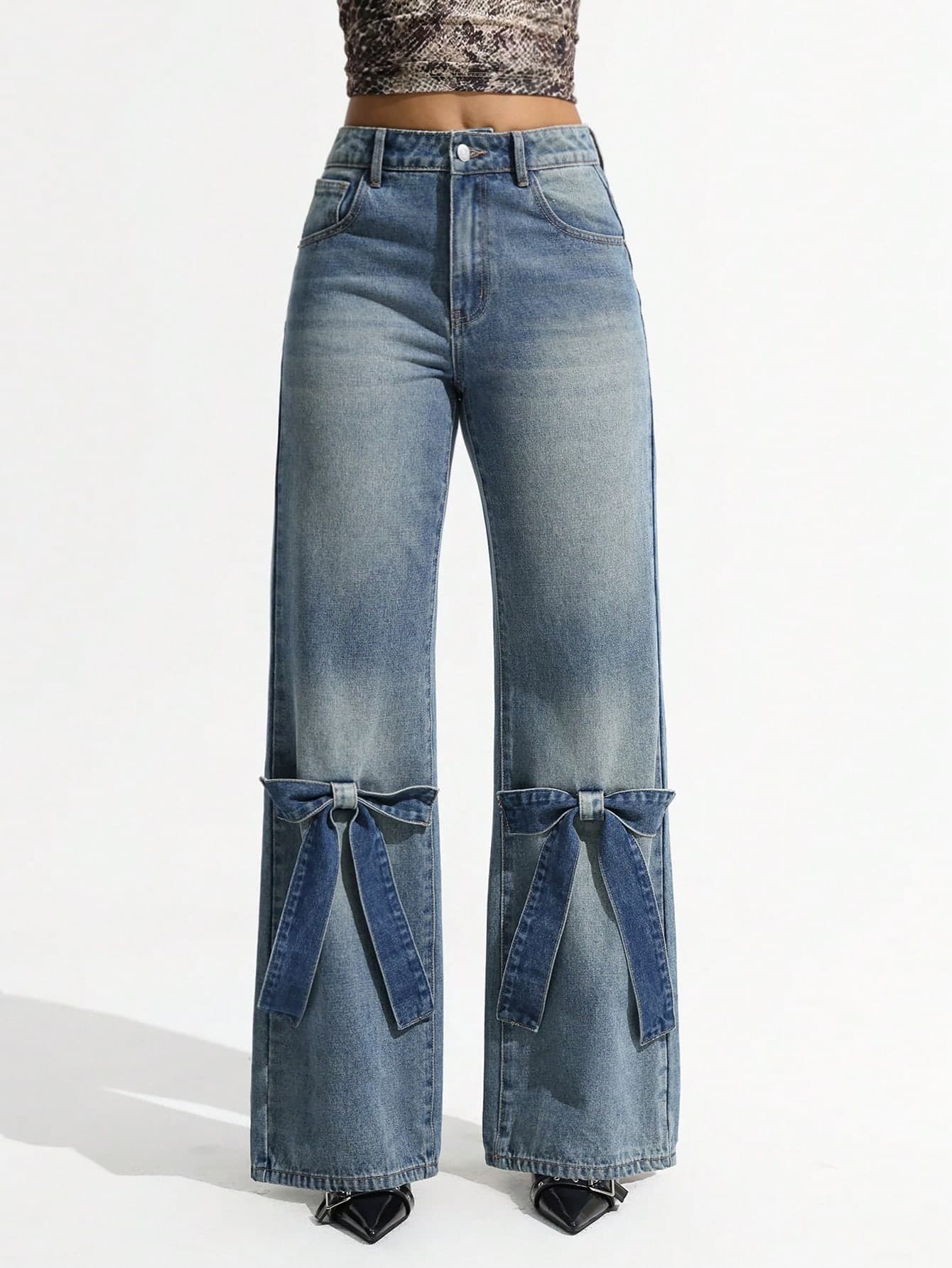 SHEIN ICON Women's Casual Jeans Wide Leg Pants With Bow Pocket