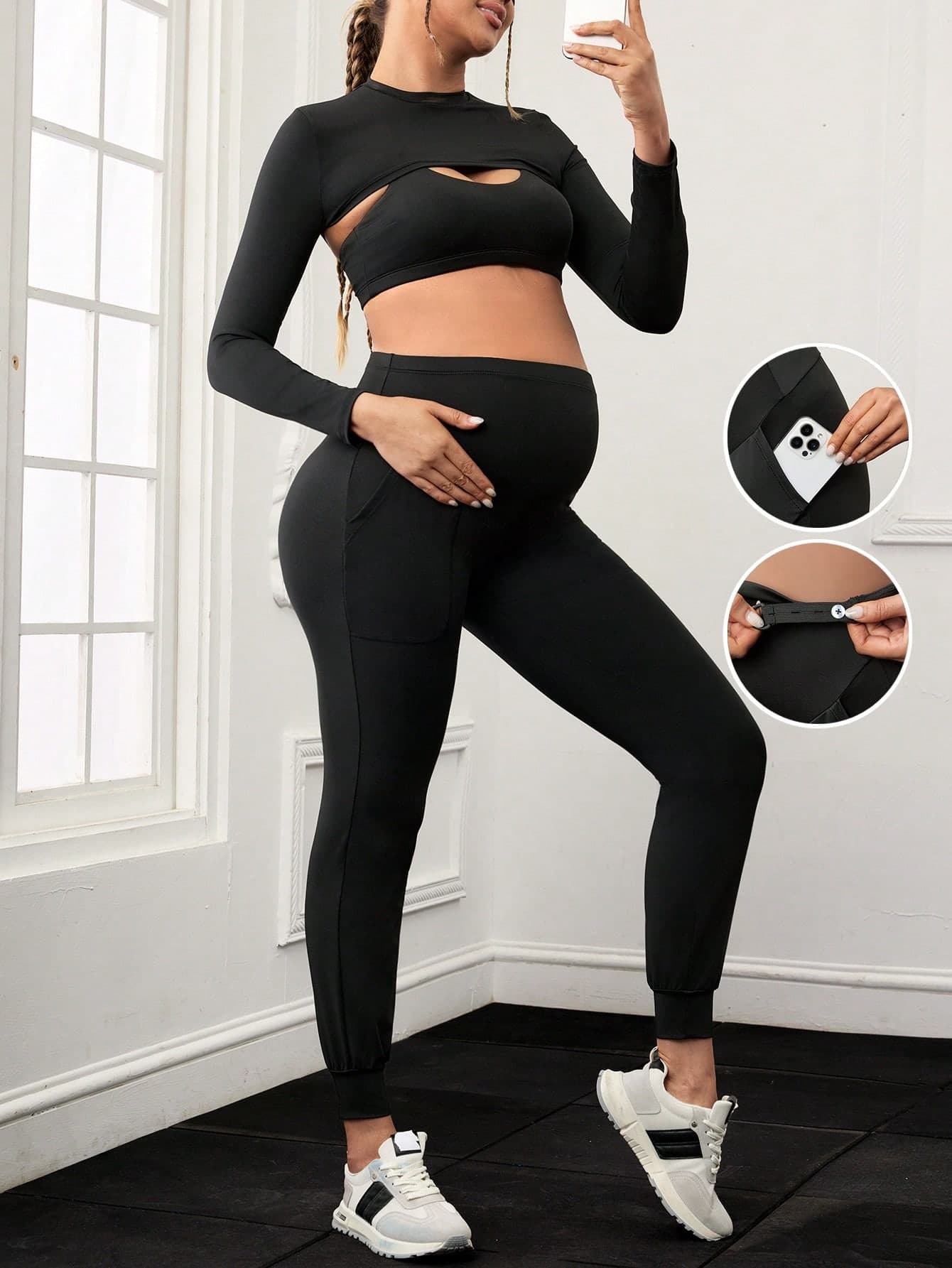 SHEIN Maternity Sporty Outfit With Backless Short T-Shirt And Adjustable Waistband Solid Color Sport Top