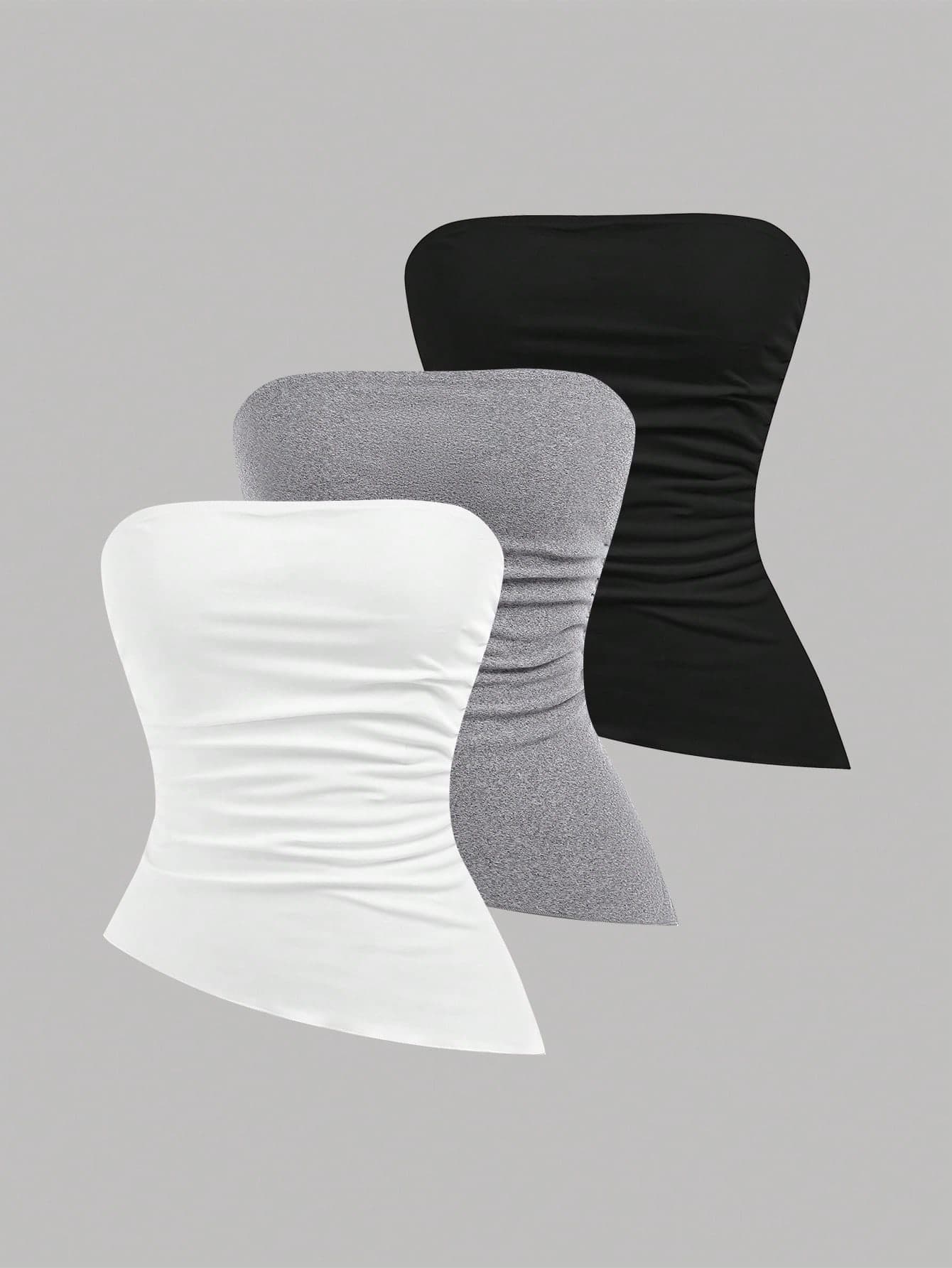 Girlism 3pcs/Set Teen Girls' Black White Gray Knit Cropped Camisole With Ruched Waist And Asymmetric Hem, Versatile Streetwear Sporty Fashion Layering Tops