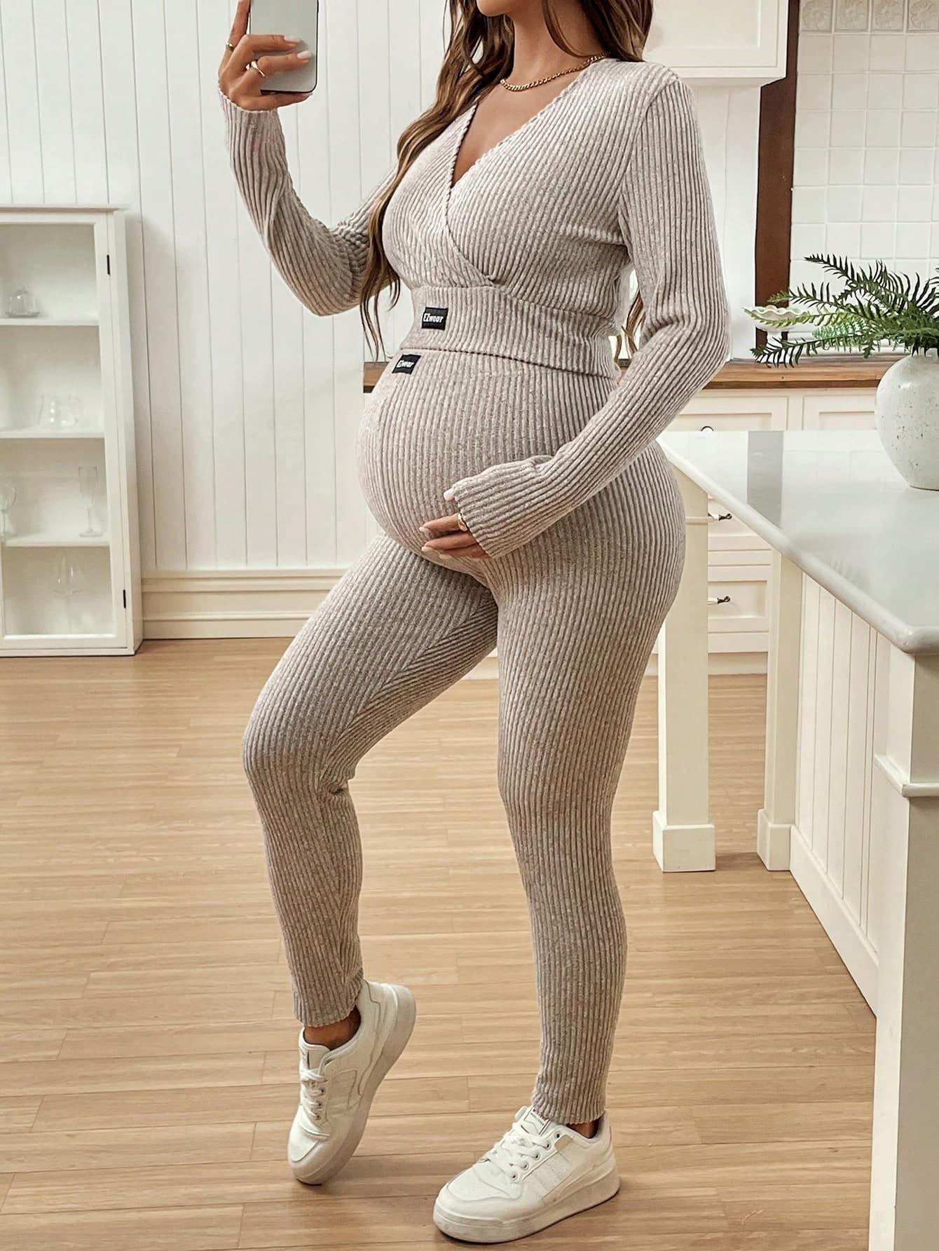 SHEIN Maternity V-Neck Long Sleeve Label Top And Skinny Knit Pants Sportswear Set World Cup Fall