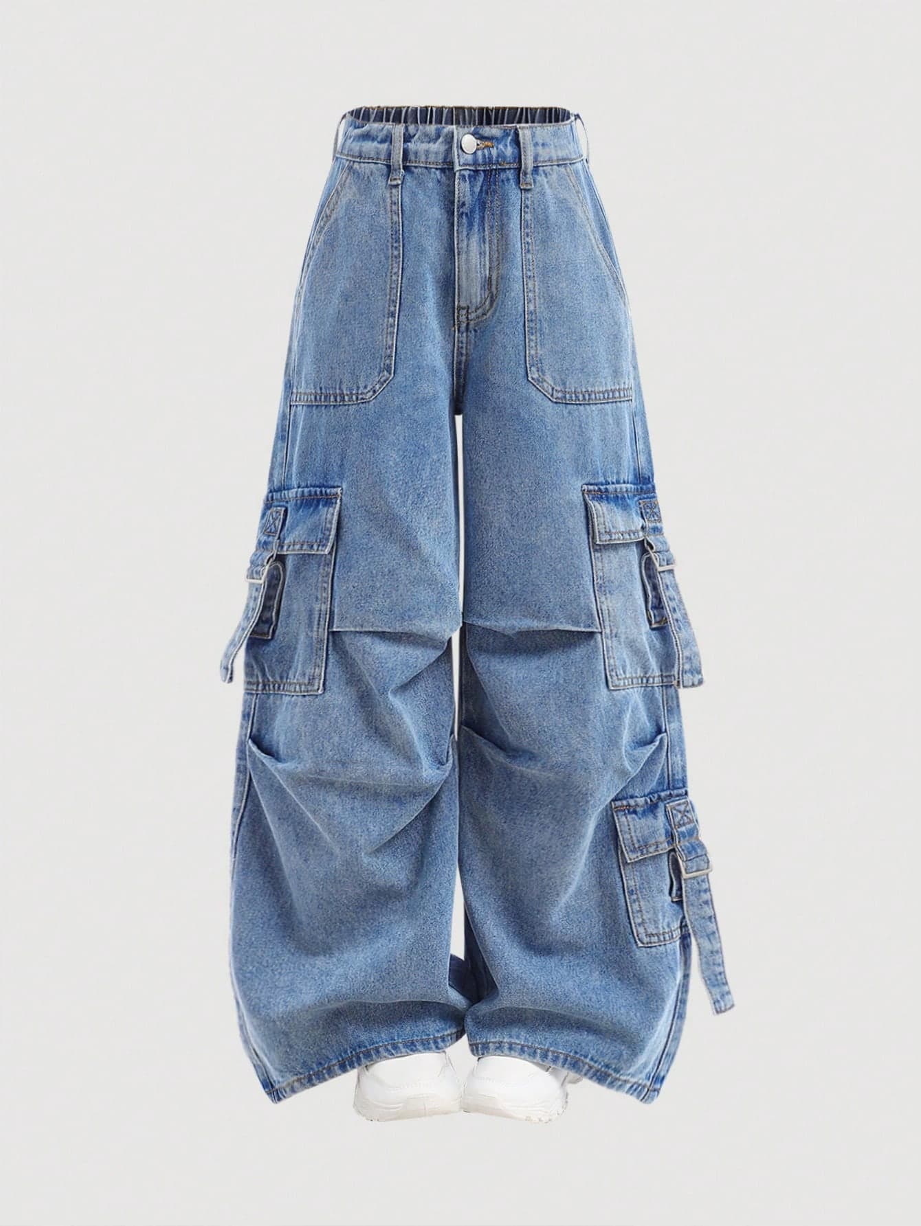 SHEIN Girlism Tween Girl's Y2K Loose Casual Denim Jeans With Pockets, Pleats, And Wide-Legged Design,Girls Casual Button,Pocket,Zipper Drop Waist Wide Leg Long Blue Loose Girls Jeans,Fall/Winter,Casual Daily Wear