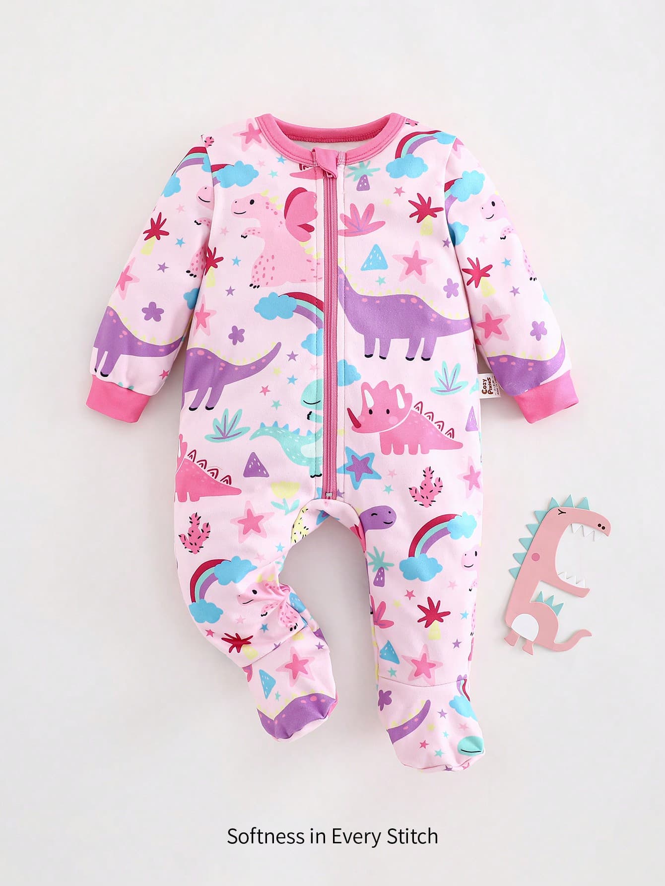 Cozy Pixies Newborn Baby Girls Cute Pink Autumn Cartoon Animal Dinosaur & Rainbow Elephant Print Soft Knitted Jumpsuit,Long Sleeves Footed Lounge Sleepwear