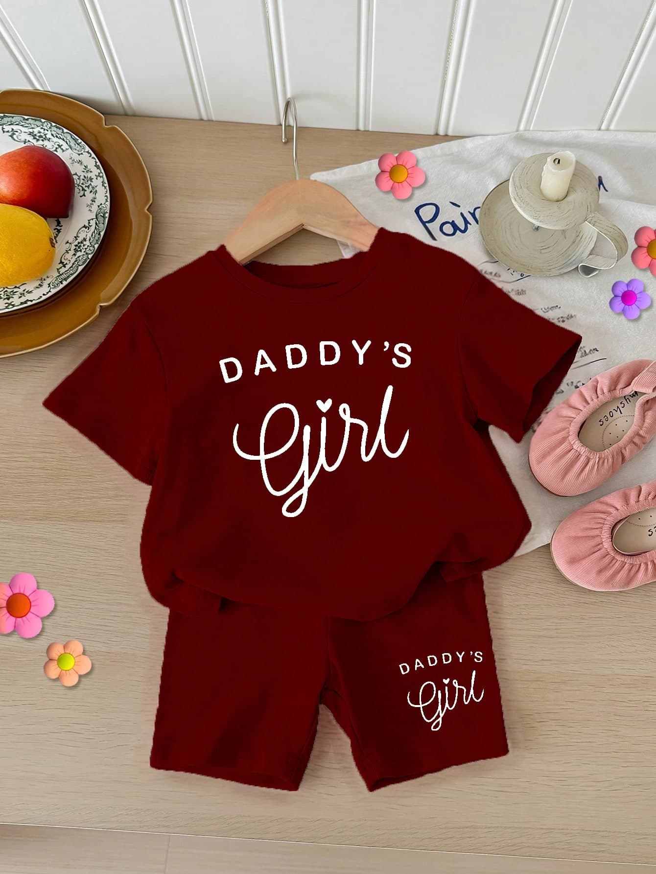 SHEIN LMoss Kids Baby Girl Casual Minimalist Short Sleeve Shorts Set, Suitable For Summer