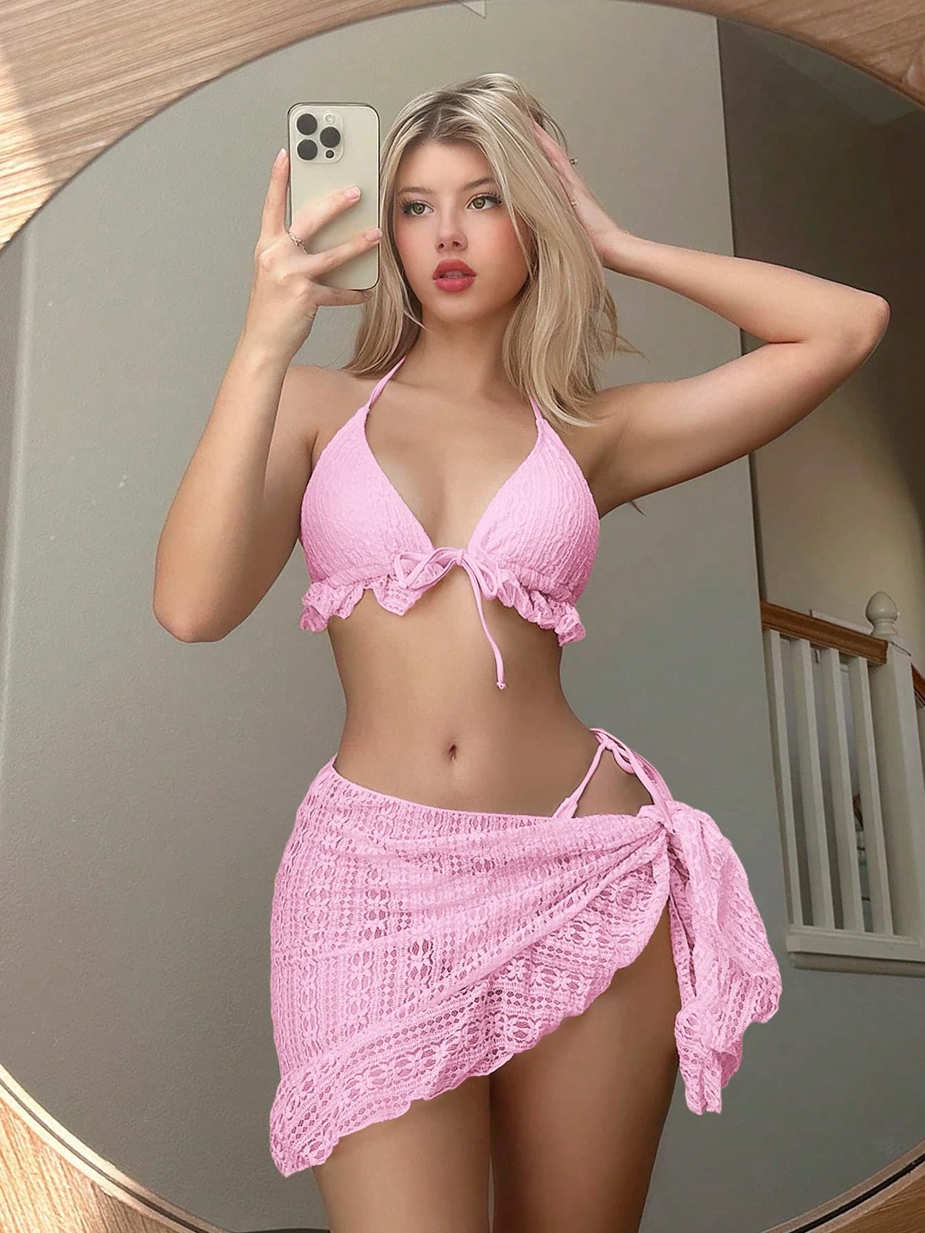 Swim Mod 3pcs Women Beach Vacation Solid Color Ruffle Edge Halter Tie Bikini Set With Coverup And Mini Skirt Summer