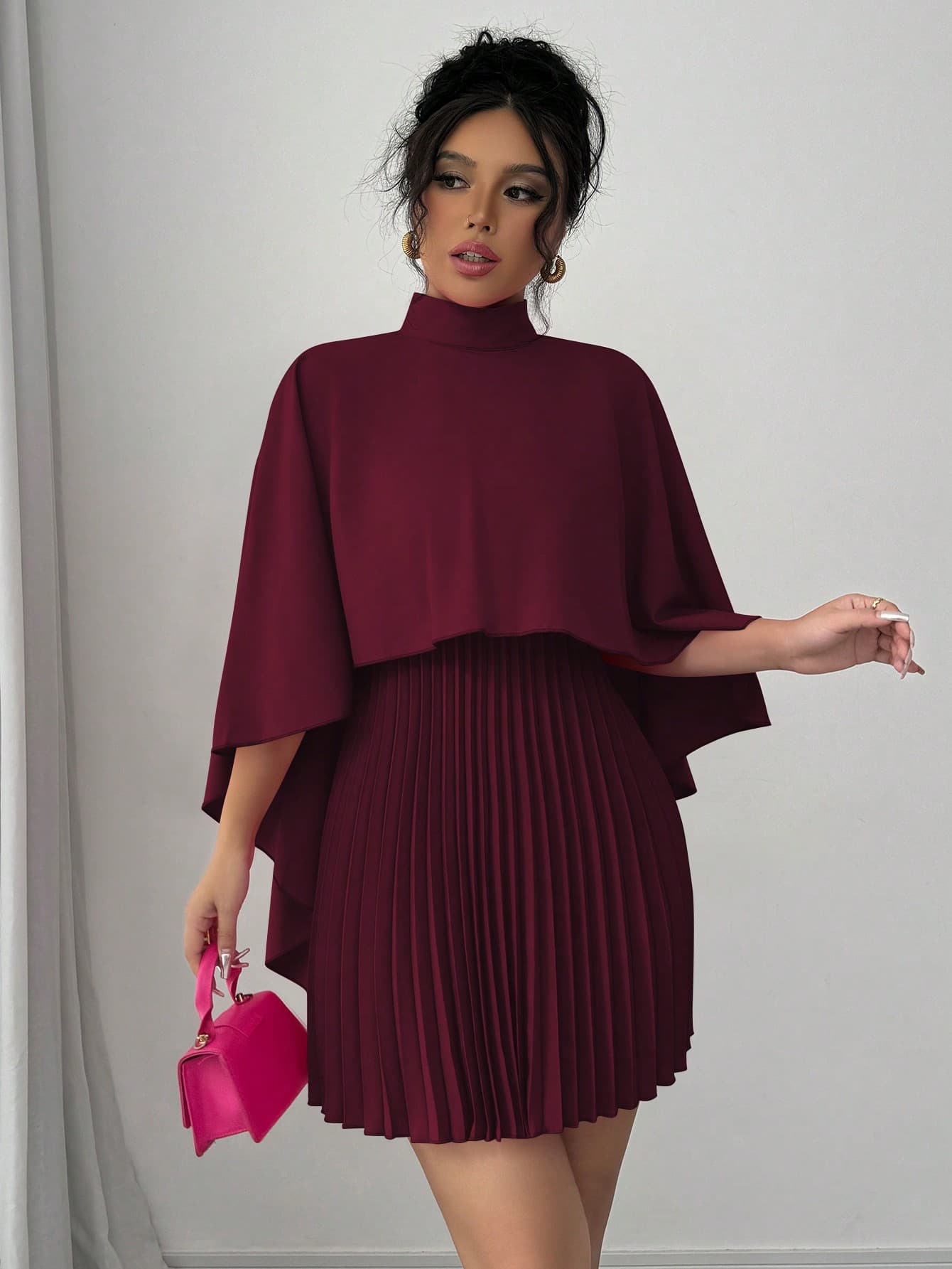 Elenzga Elegant Women High Collar Ruffle Trim Draped Dress