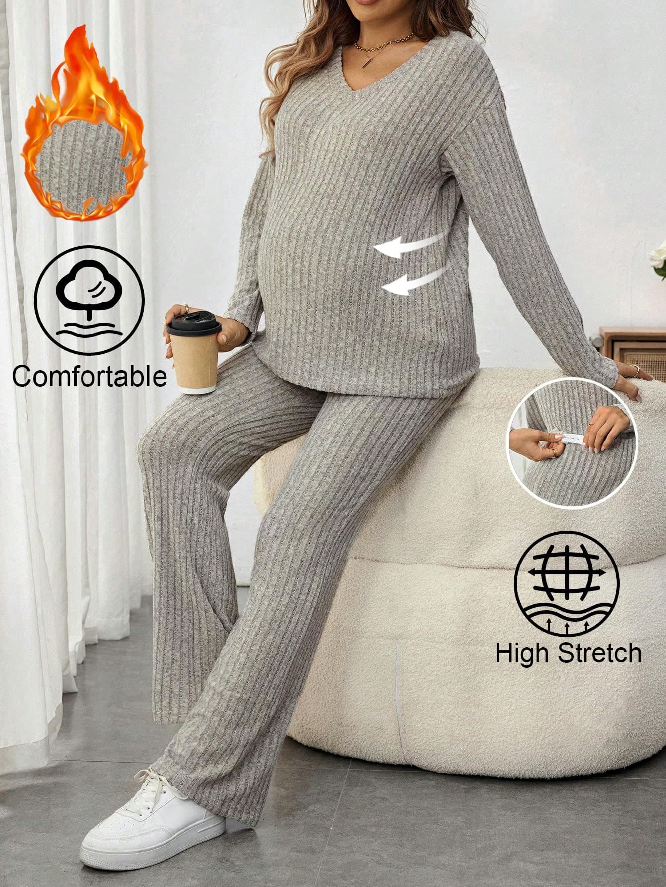 SHEIN 2pcs/Set Maternity V-Neck Long Sleeve Blouse And Pants Solid Color Casual Suit Fall