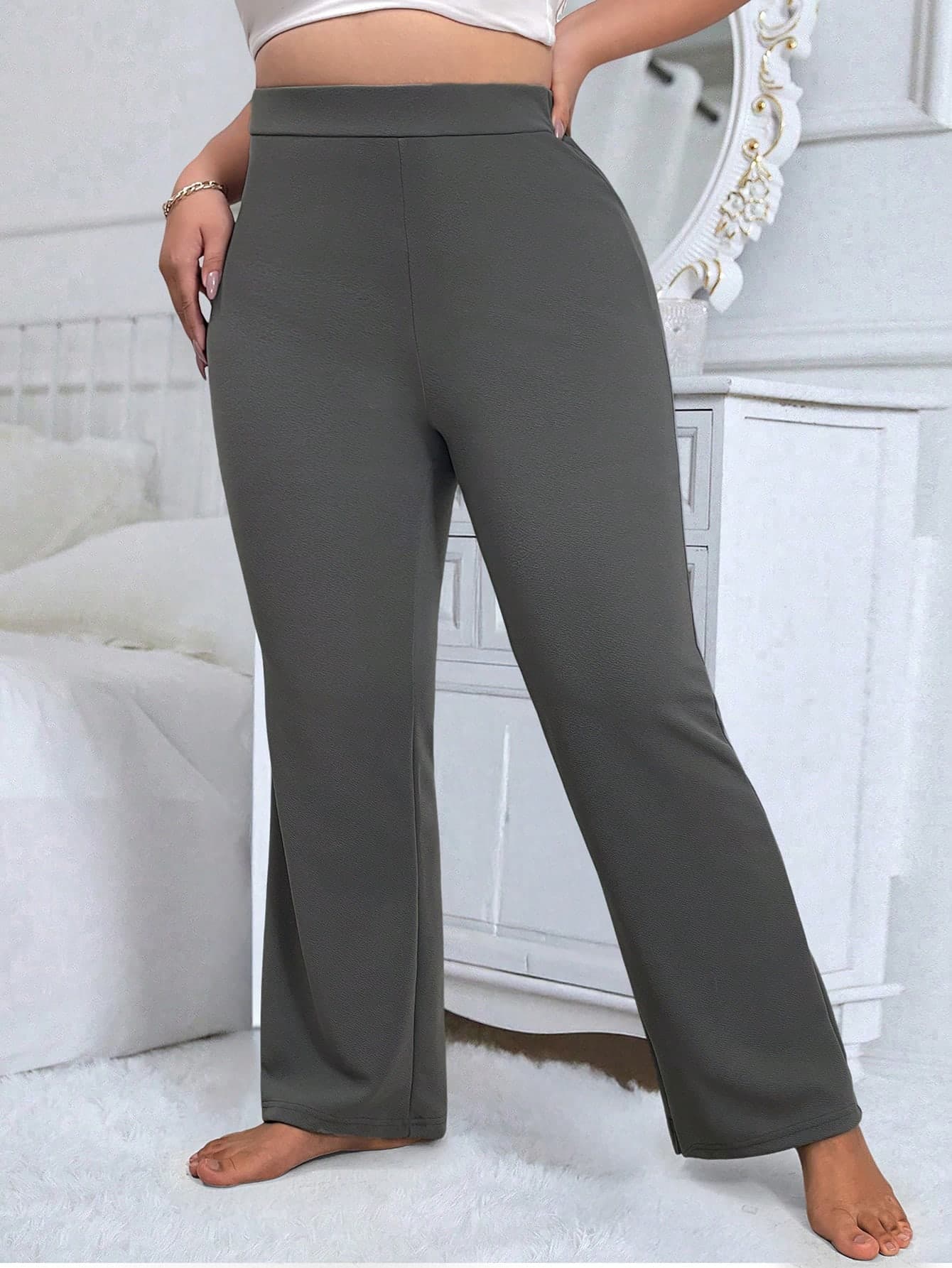 Calvaya Plus Size Casual Solid Color High Waist Flare Pants Fall Cloth For Women