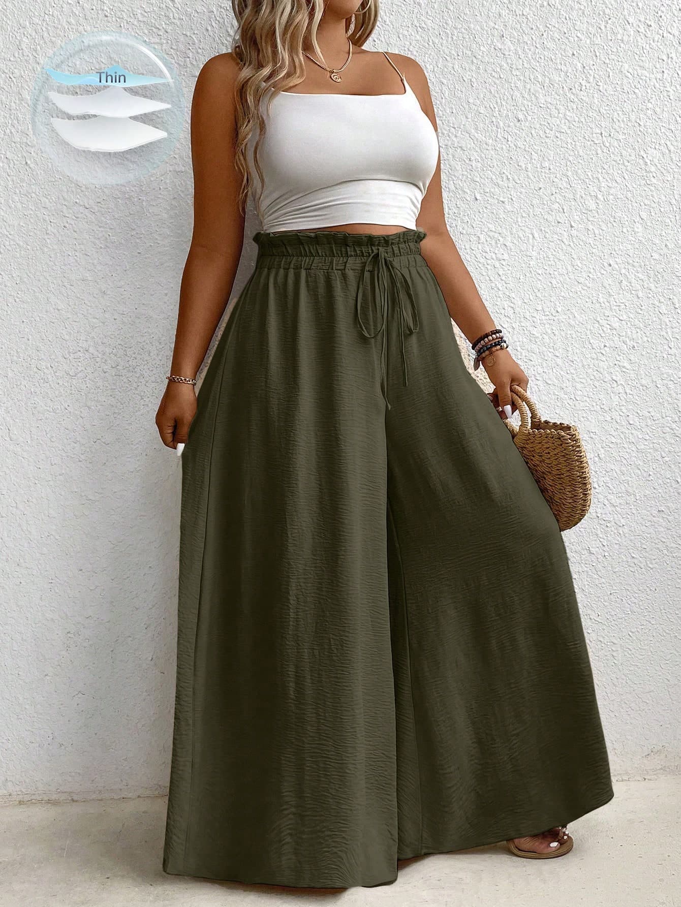 Breezaya Plus Size Solid Color Knotted Paper Bag Waist Loose Wide Leg Casual Pants Fall Cloth For Women
