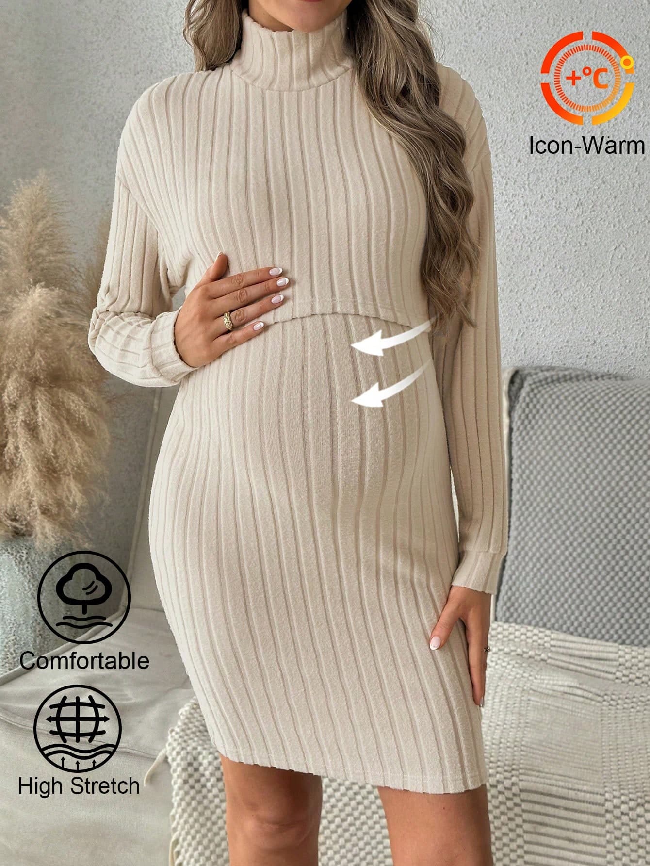Cheriluna Maternity 2pcs Maternity Solid Color Turtleneck Long Sleeve Ribbed Top And Sleeveless Midi Dress Elegant Set, Spring Autumn, For Winter