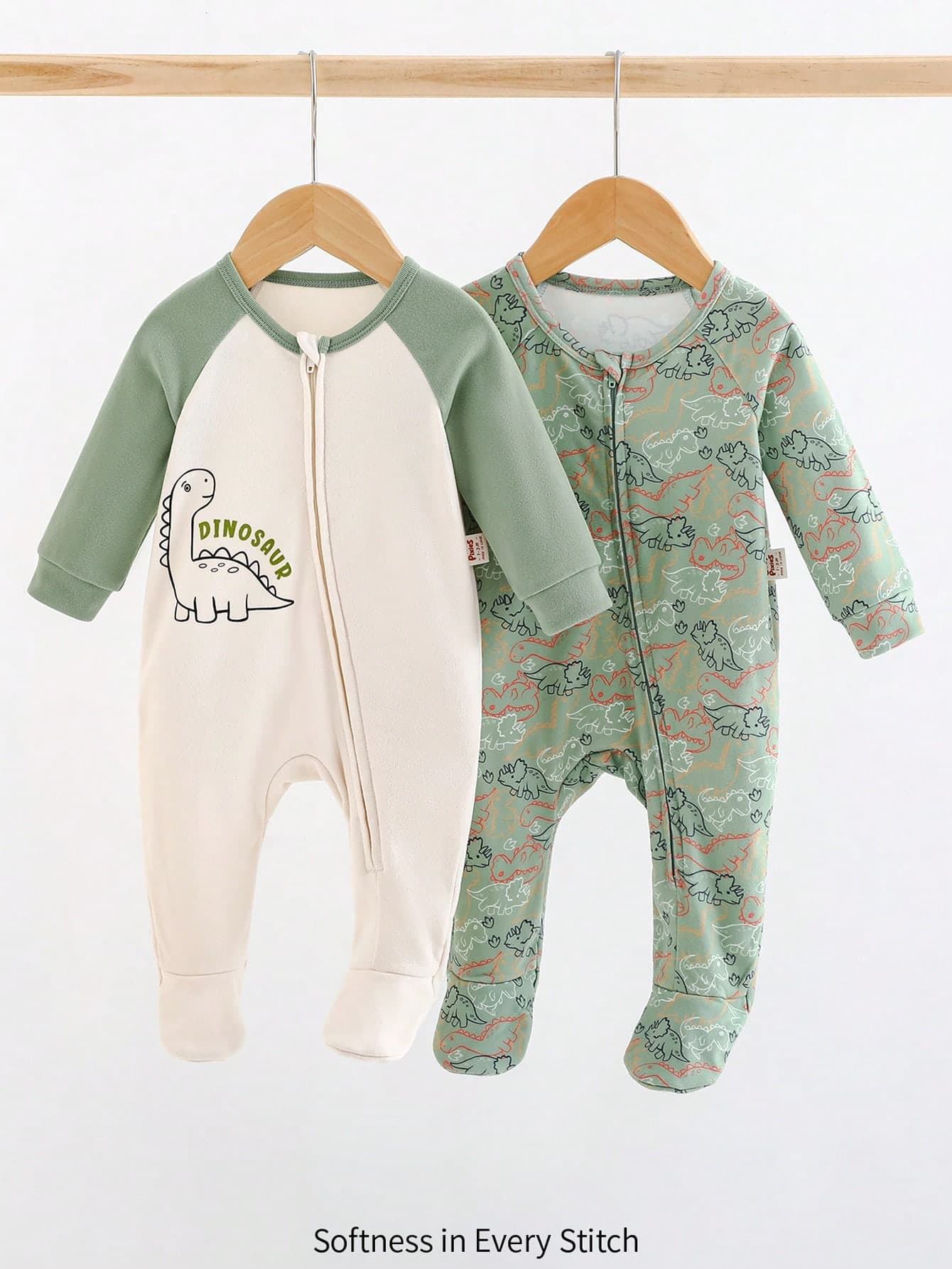 Cozy Pixies Newborn Baby Boy 2pcs Cartoon Dinosaur Print Soft Knit Footed Jumpsuit Set Graphic