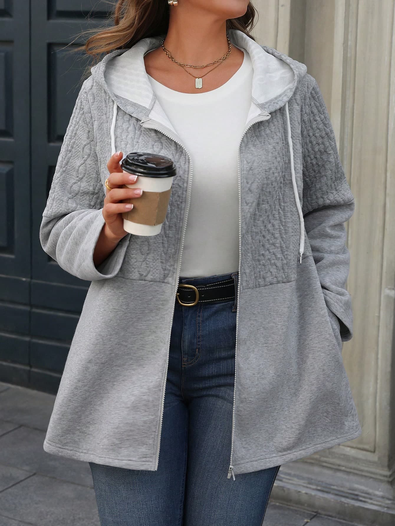 Plus Zip Up Drawstring Hooded Coat Fall Winter Cloth For Women Autumn