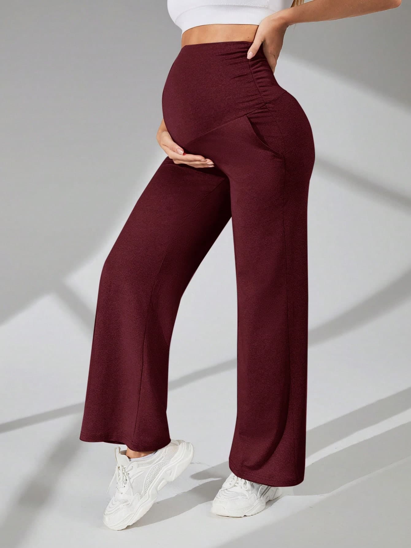 SHEIN Maternity Solid Color High Waist Side Pleat Loose Straight Leg Sweatpants
