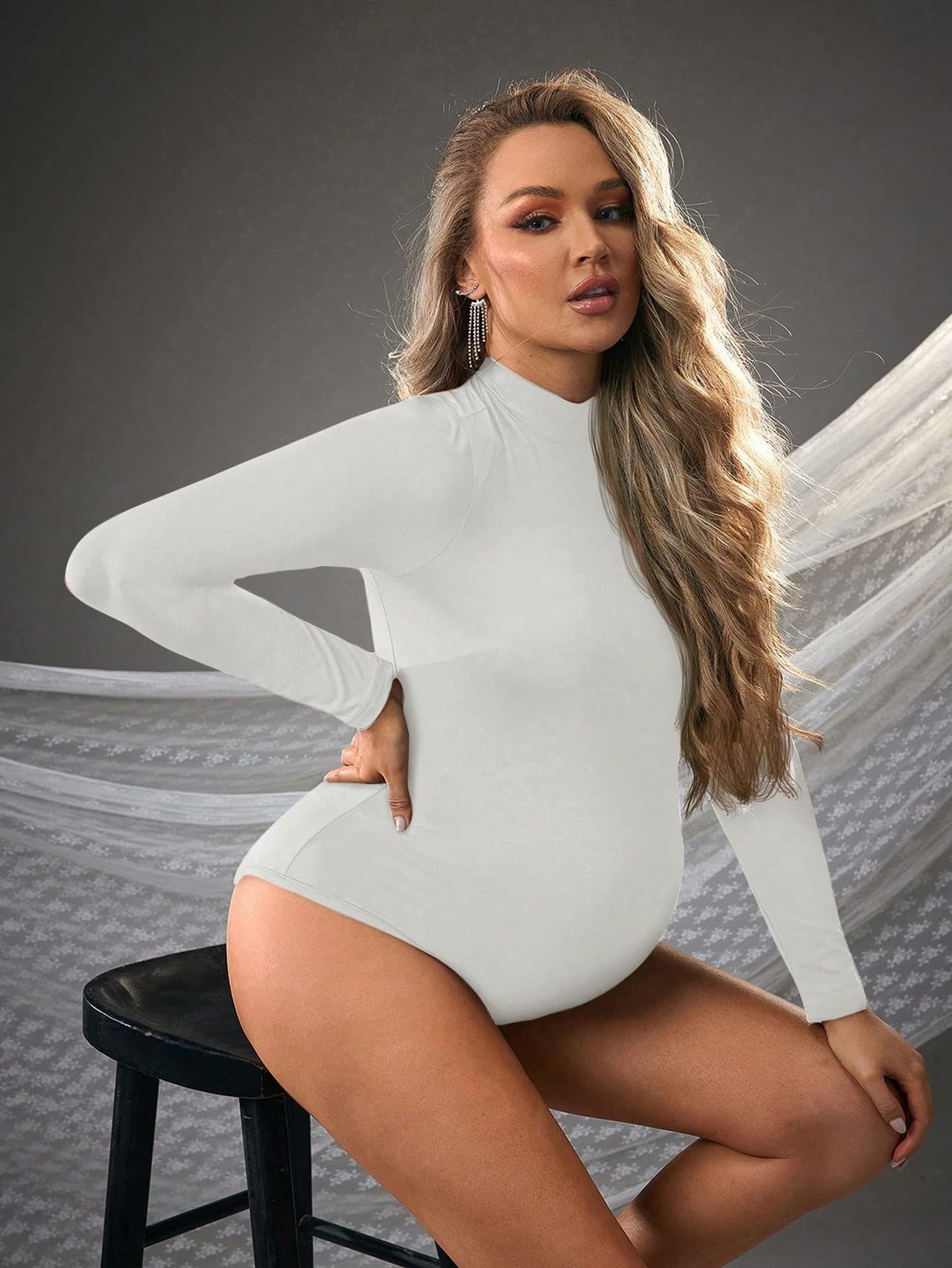 Cheriluna Maternity Maternity Solid Stand Collar Long Sleeve Casual Bodysuit For Maternity Photoshoot