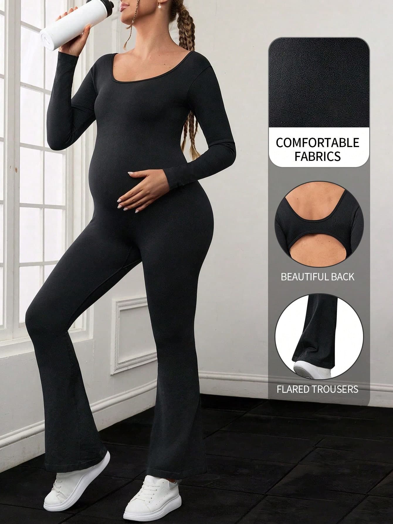 SHEIN Maternity Solid Color Scoop Neck Long Sleeve Casual T-Shirt And Sports Jumpsuit