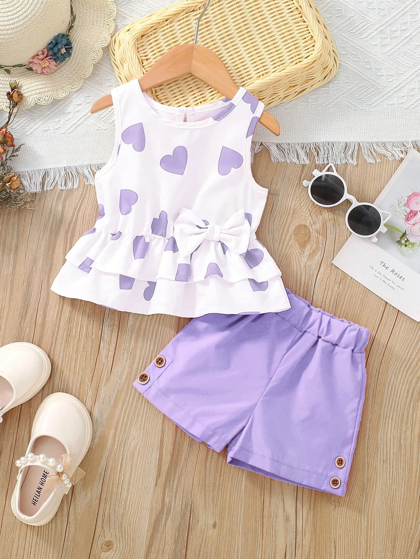 Genkimix Kids Young Girl Heart Print Bow Front Peplum Tank Top & Button Shorts