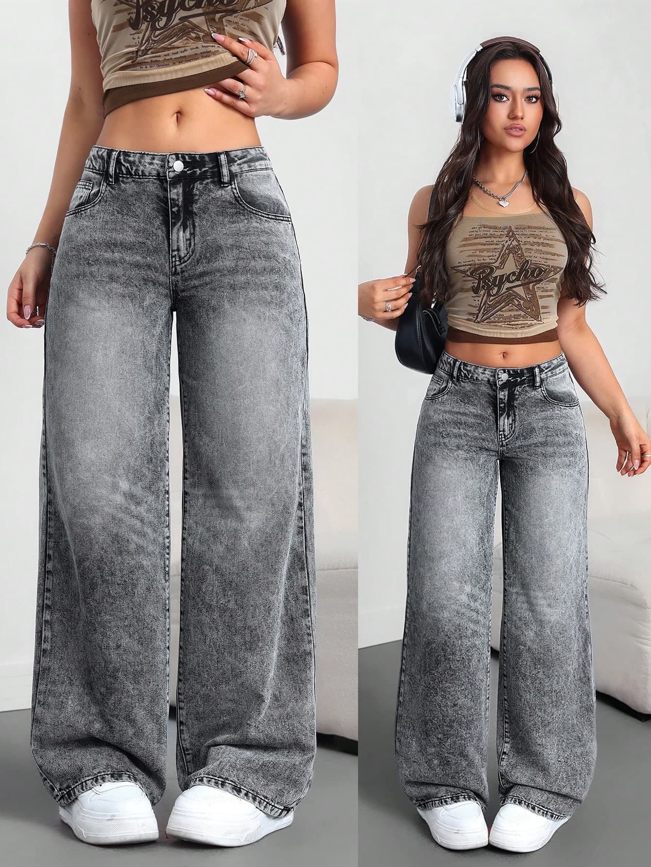SHEIN Tall Women's Jeans Casual Loose Wide Leg Pants Tall Black Low Rise Baggy Women Bottoms Fall Clothes