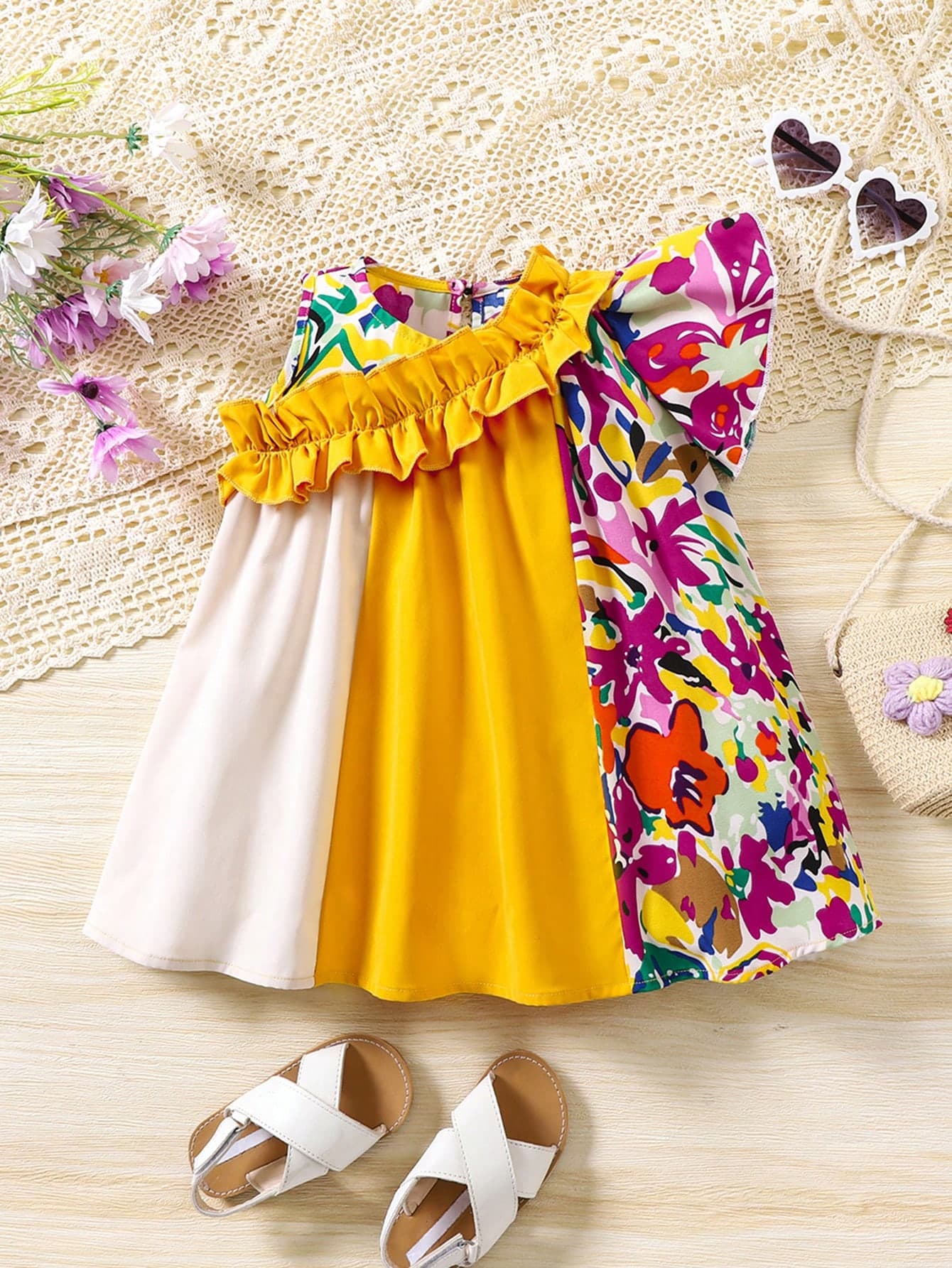 SHEIN Baby Girl Summer Cute Floral Print Color Blocking Ruffle Trim Vacation Dress