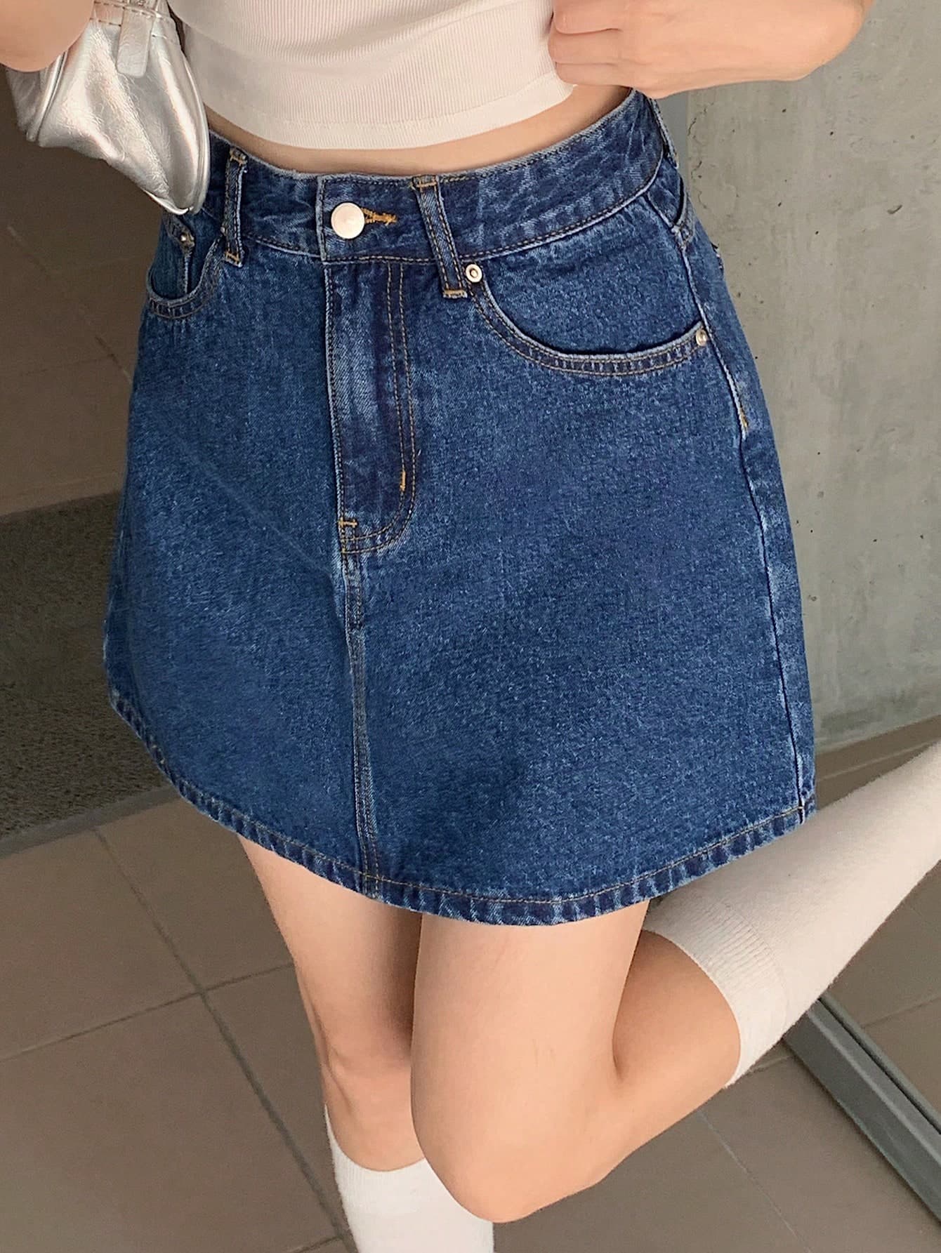 DAZY Women's Front Button Pocket Minimalist A-Line Skirt, Casual Daily Wear Summer Jeans Skirt