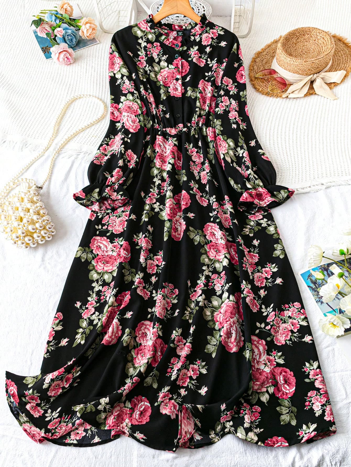 DreamSkyne Court Retro Plus Size Women Flower Print Long Sleeve Dress Fall Cloth For Women