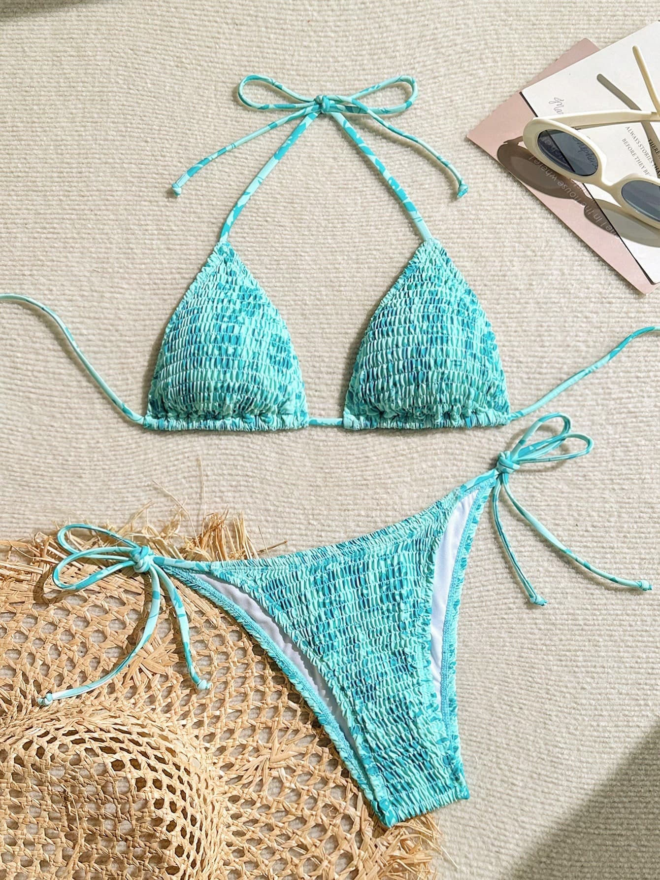 Swim Vcay Women Halter Neck Tie Back Swimwear Top And Bottoms Set, Bikini Summer