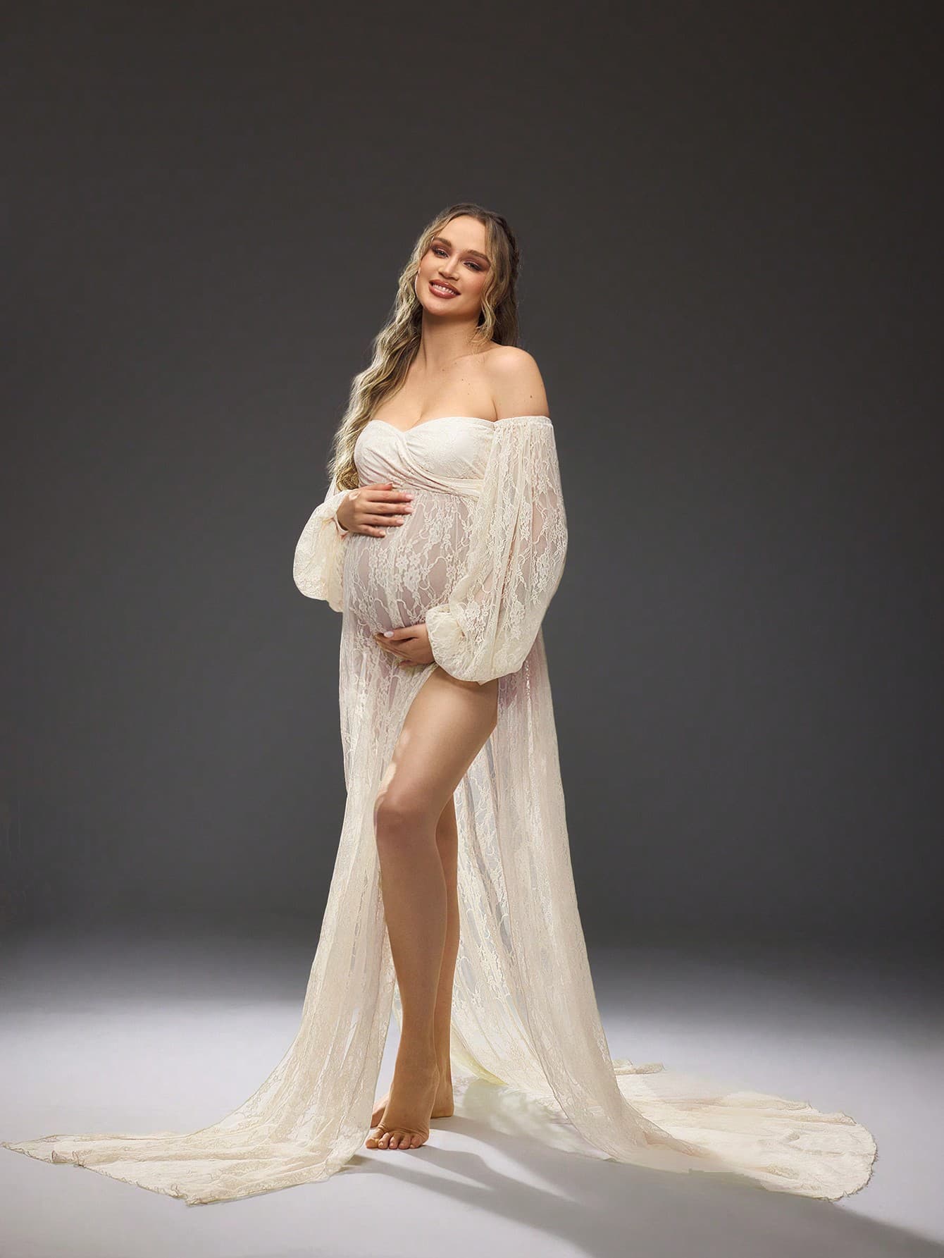 Cheriluna Maternity Pregnant Women Off Shoulder Long Sleeve Solid Color Split Hem Elegant Maternity Photoshoot Dress