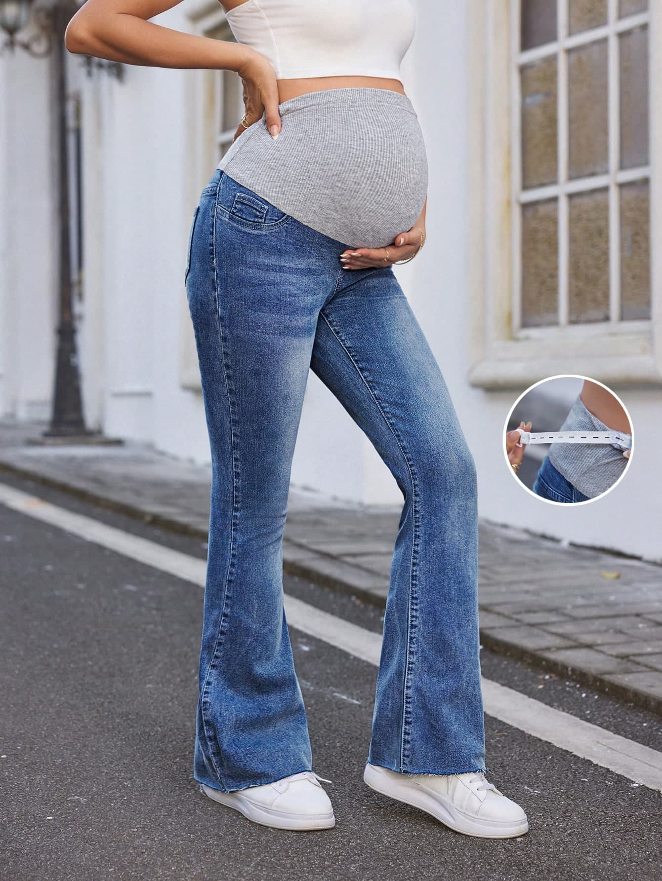 SHEIN Maternity Elastic Waist Denim Skinny Flare Jeans, Blue,Summer Boho Thin Denim Flared Pant