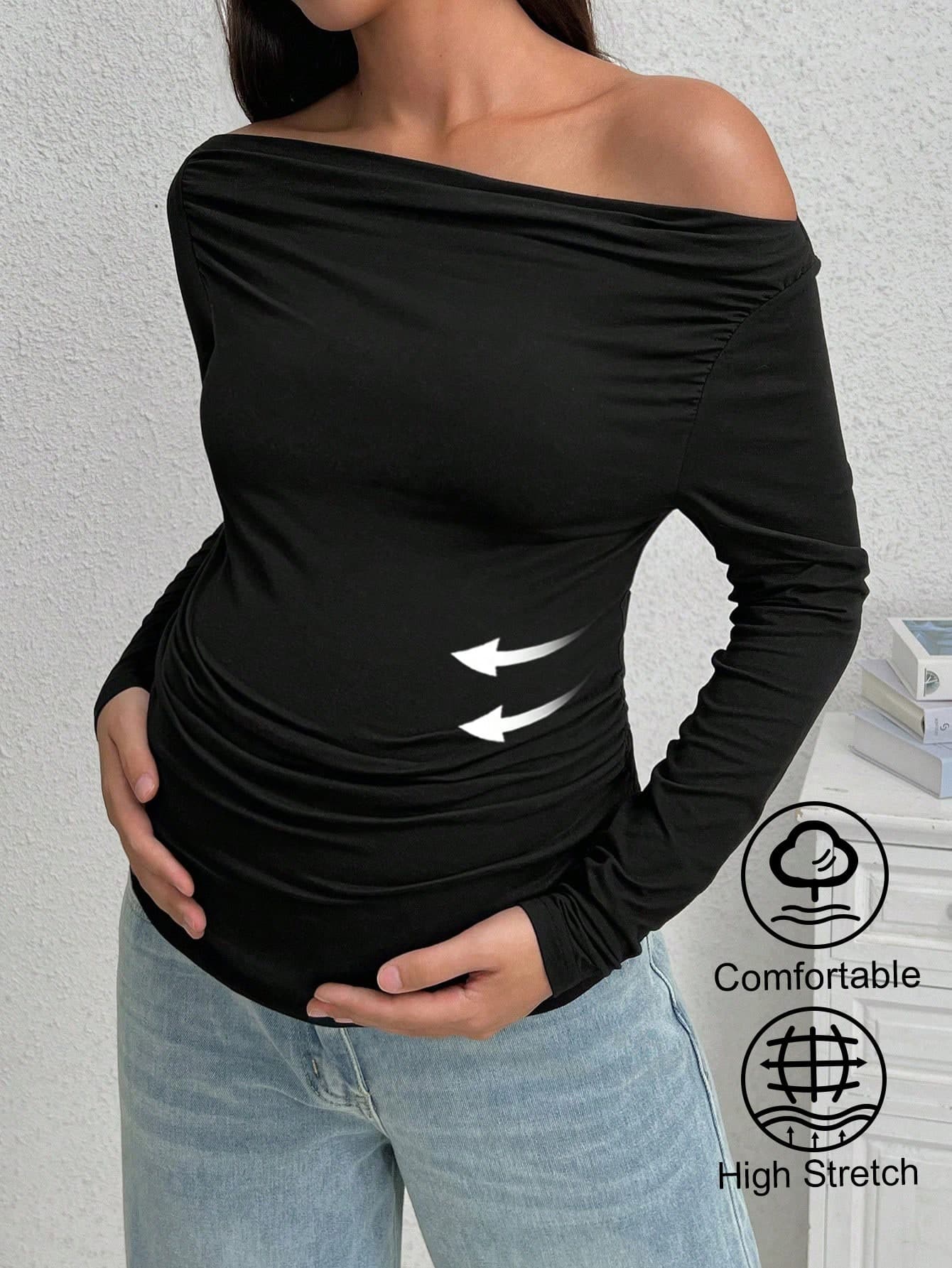 SHEIN Maternity Asymmetrical Neck Slim Fit T-Shirt With Pleats, Long Sleeve, Elegant And Refined Fall