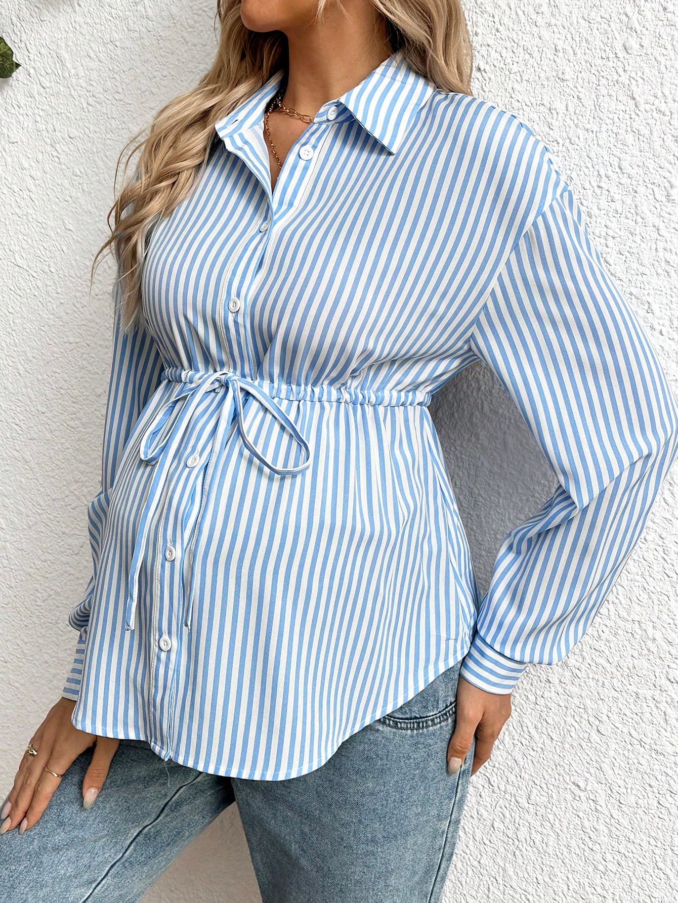 SHEIN Striped Drawstring Waist Long Sleeve Casual Pregnancy Shirt Fall