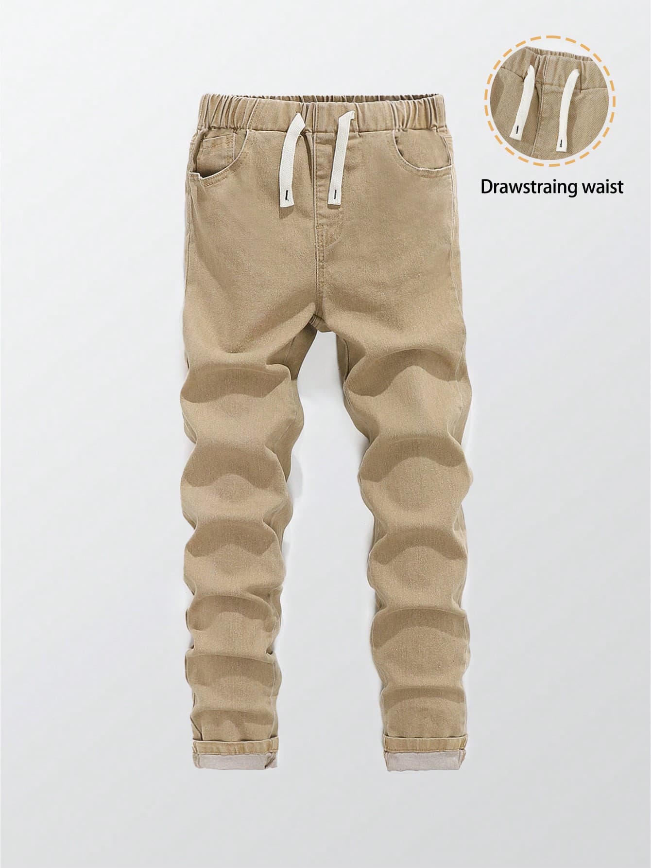 Tween Boy Elastic Waist Drawstring Slim Fit Khaki Pants,Autumn Casual School Back-To-School Stretchy Comfortable Versatile Jeans,Summer Holiday