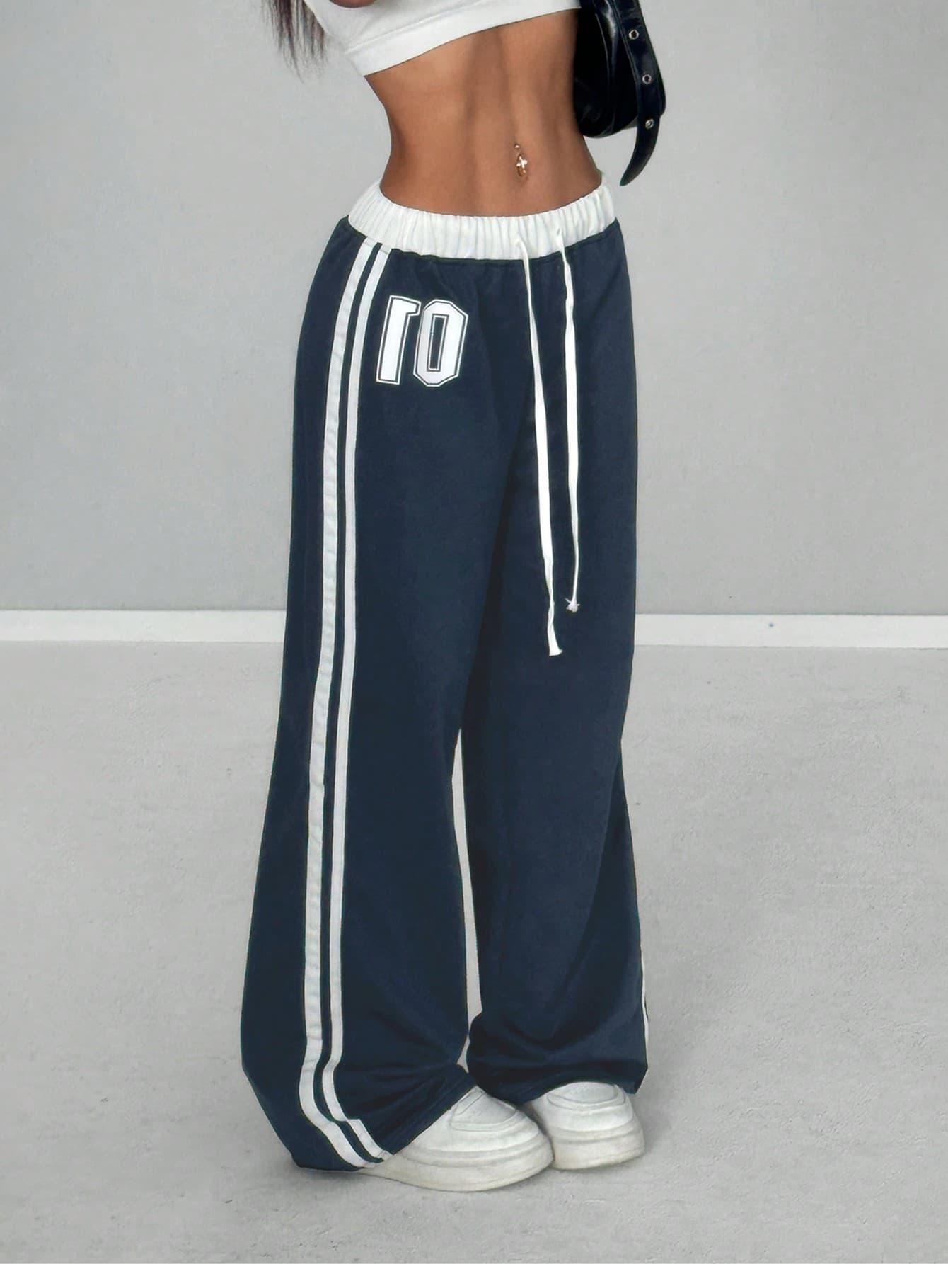 StreetHx Women Summer Numeric Print WaistbPatchwork Sweatpants Navy Blue White,Winter,Athleisure,Workout,Back-To-School Retro Loose Casual Sports Outfits