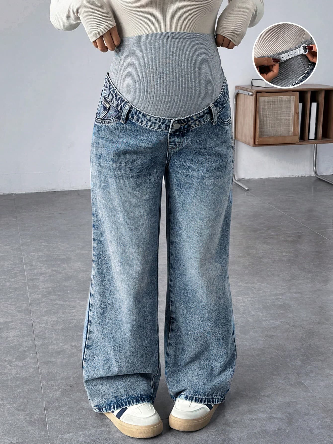 SHEIN Pregnant Women Knit Panel Vintage Blue Denim Loose Maternity Pants Maternity Jeans