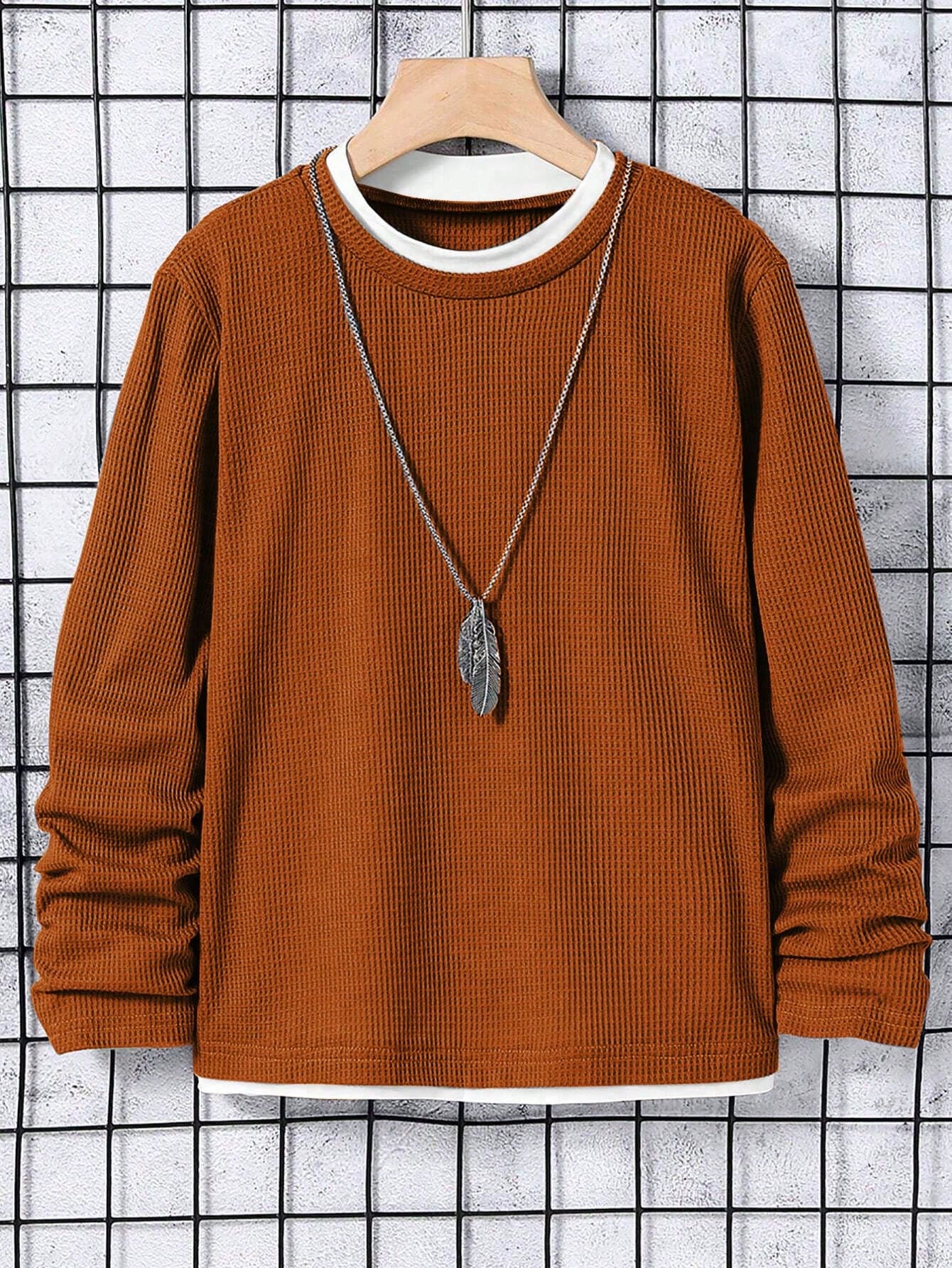 SHEIN X Jwoww Tween Boy Brown Patchwork Crew Neck Long Sleeve Waffle Texture Fabric Casual T-Shirt,Summer School Comfortable Undershirt For Leisure And Commuting