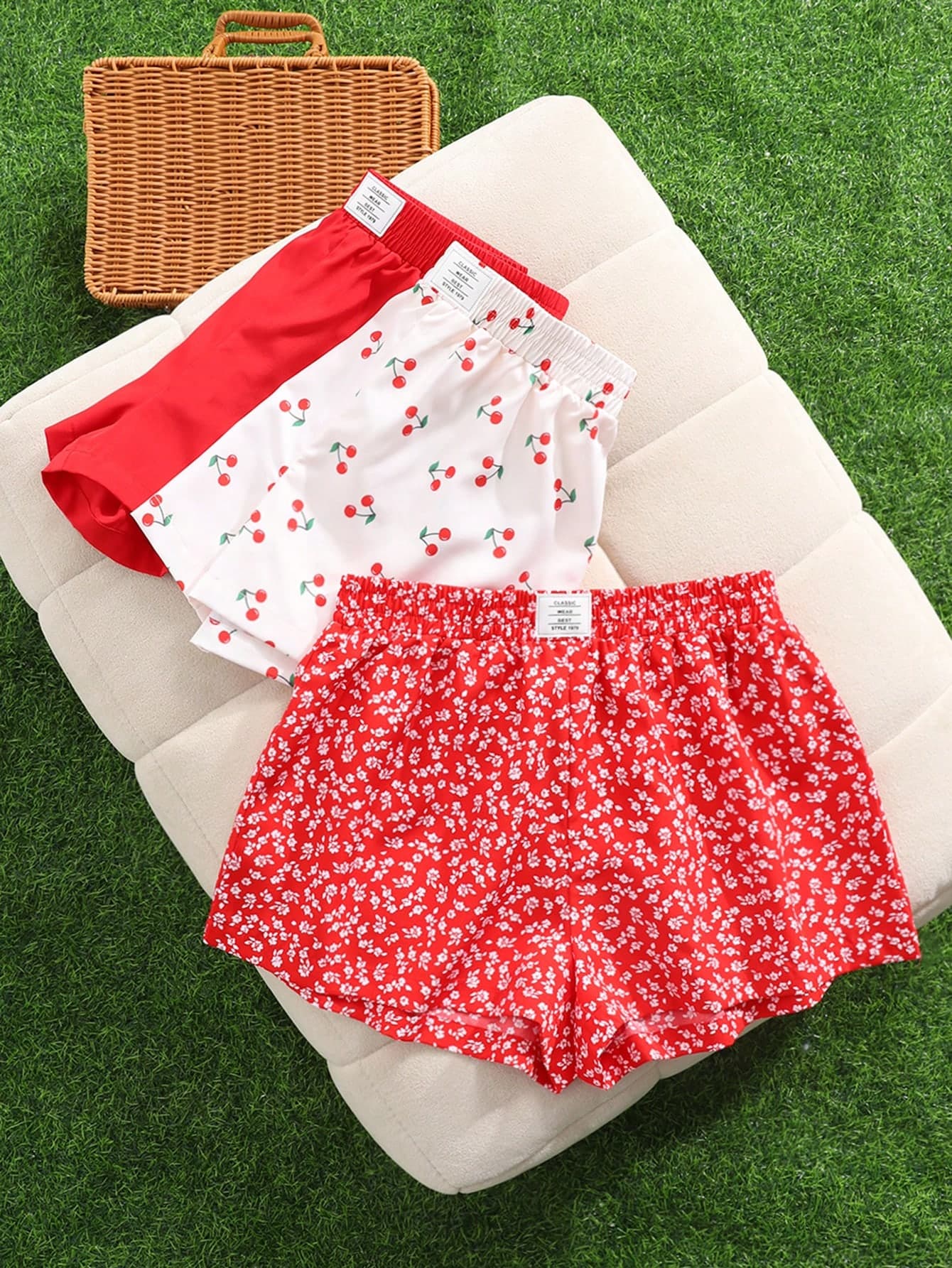 SHEIN Teen Girl 3pcs/Set Summer Cute Red Solid Color, Red Ditsy Floral&White Cherry Print Woven Mark Elastic Waist Shorts Home Leisure Spring 1 Get 2Free