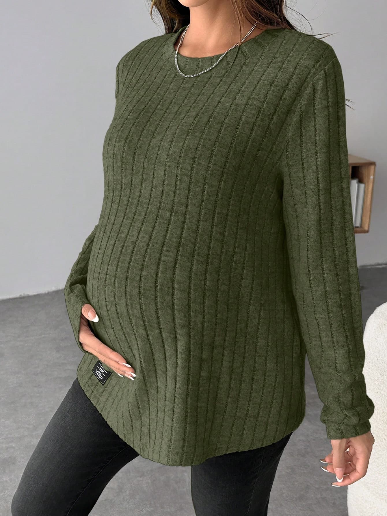 SHEIN Maternity Solid Color Letter Patched Ribbed Knit Long Sleeve T-Shirt, Suitable For Autumn/Winter World Cup Fall