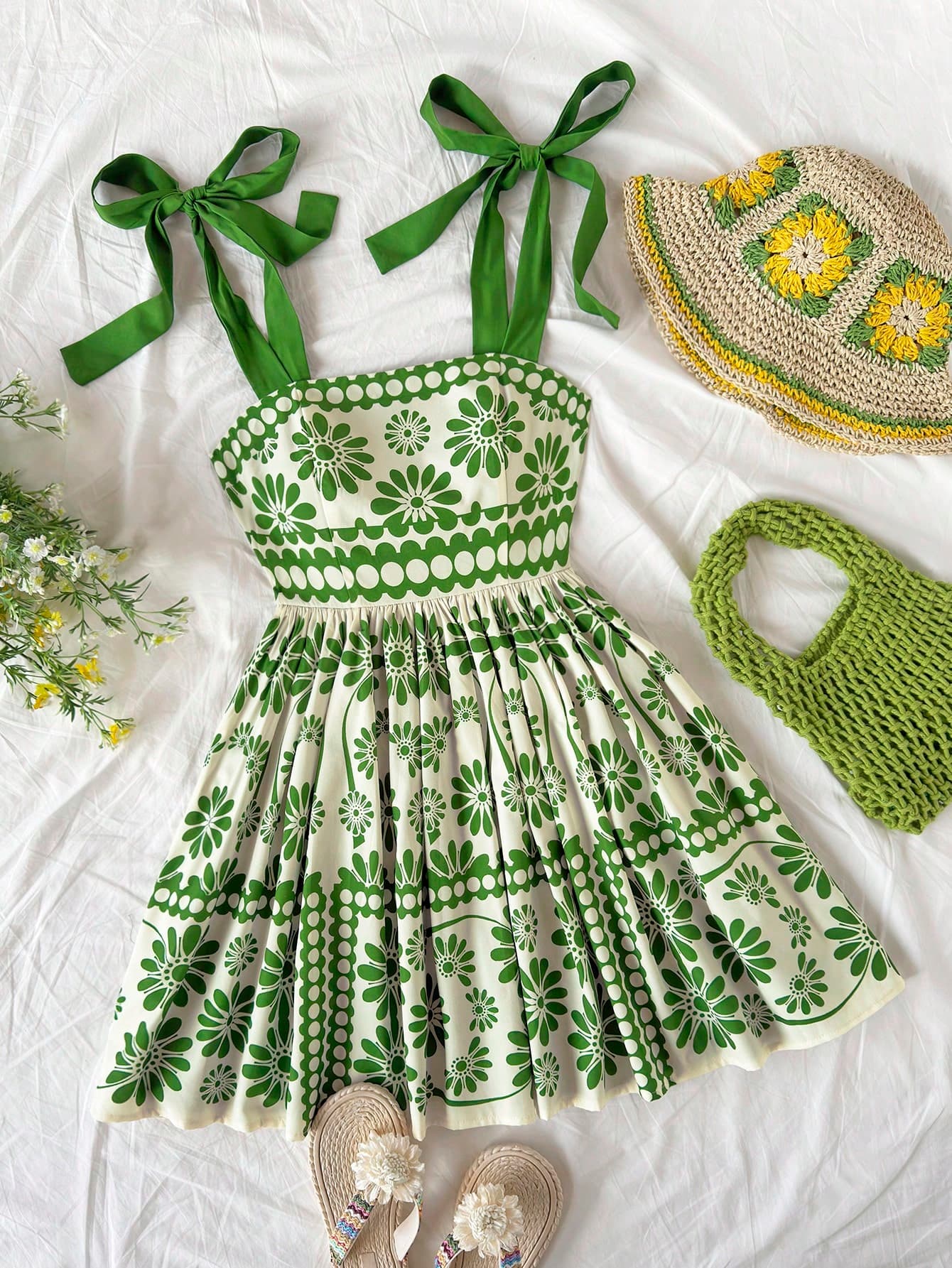 Soleia Women's Tie Shoulder Bowknot A-Line Mini Dress, Retro Green Geometric Pattern, Casual Summer