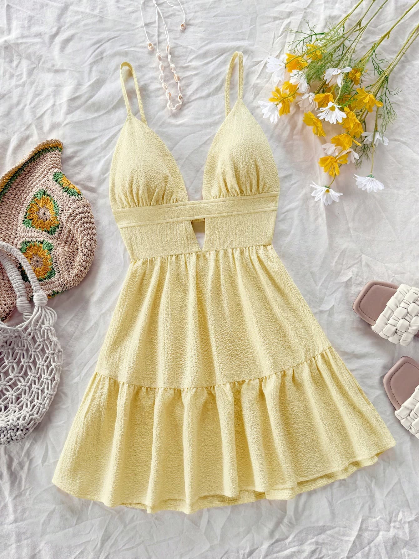 Soleia Holiday Casual Halter V-Neck Backless Light Yellow Dress,Summer Dresses For Women,Pastel Dresses For Women