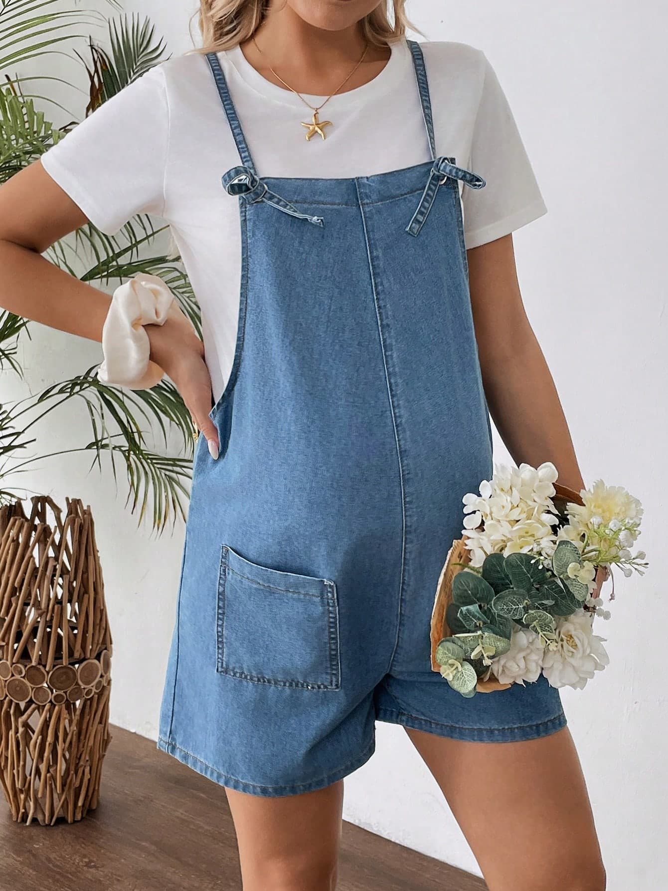 SHEIN Maternity Navy Blue Denim Shorts,Spaghetti Strap Casual Summer Pocket Overalls,Western Cowgirl Style,Beach Outfits For Women,Cute Everyday Wear