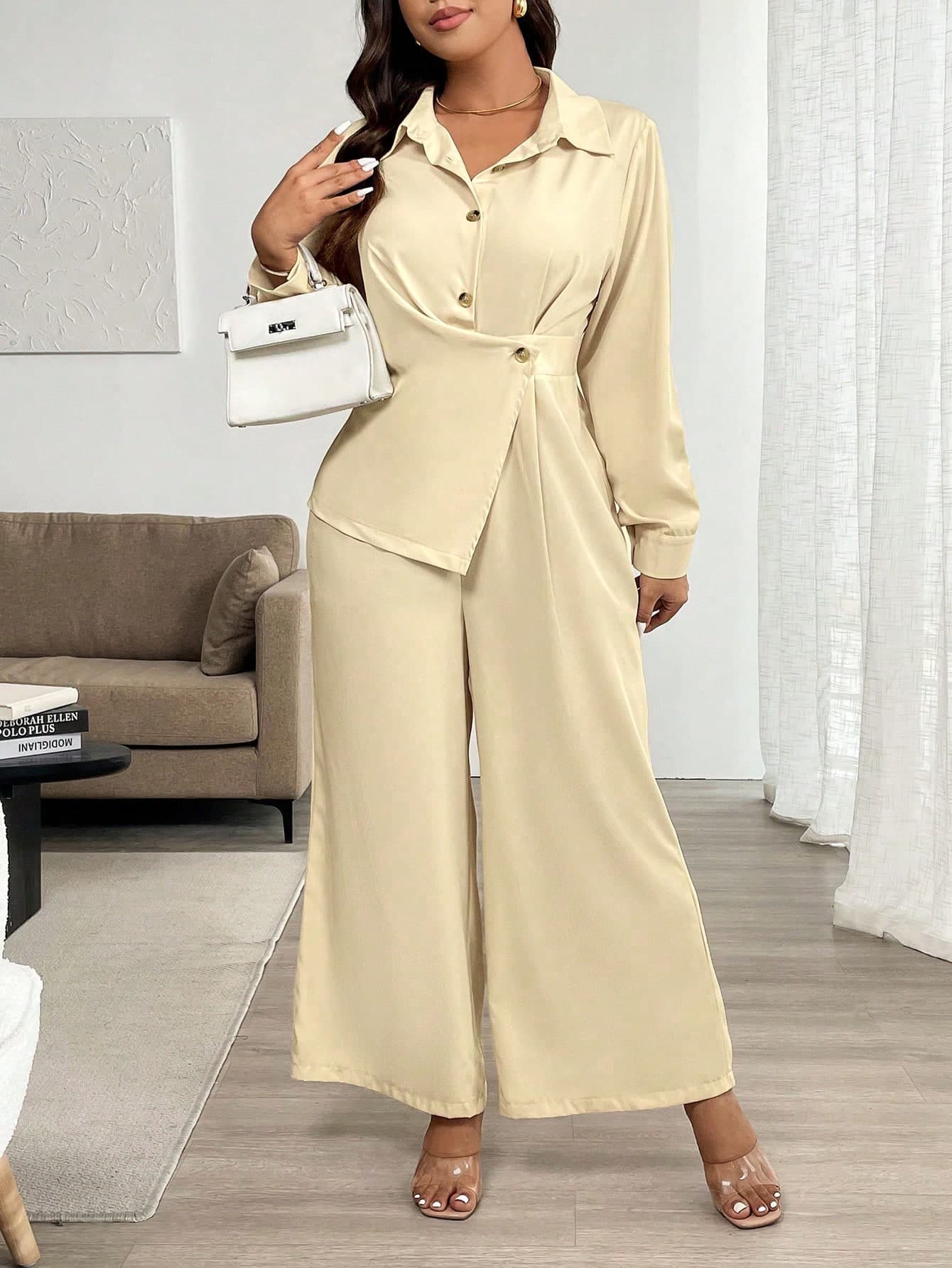 SHEIN Unity Women's Elegant Solid Color Shirt Collar Button Decor Long Sleeve Jumpsuit Pants Fall Cloth For Women