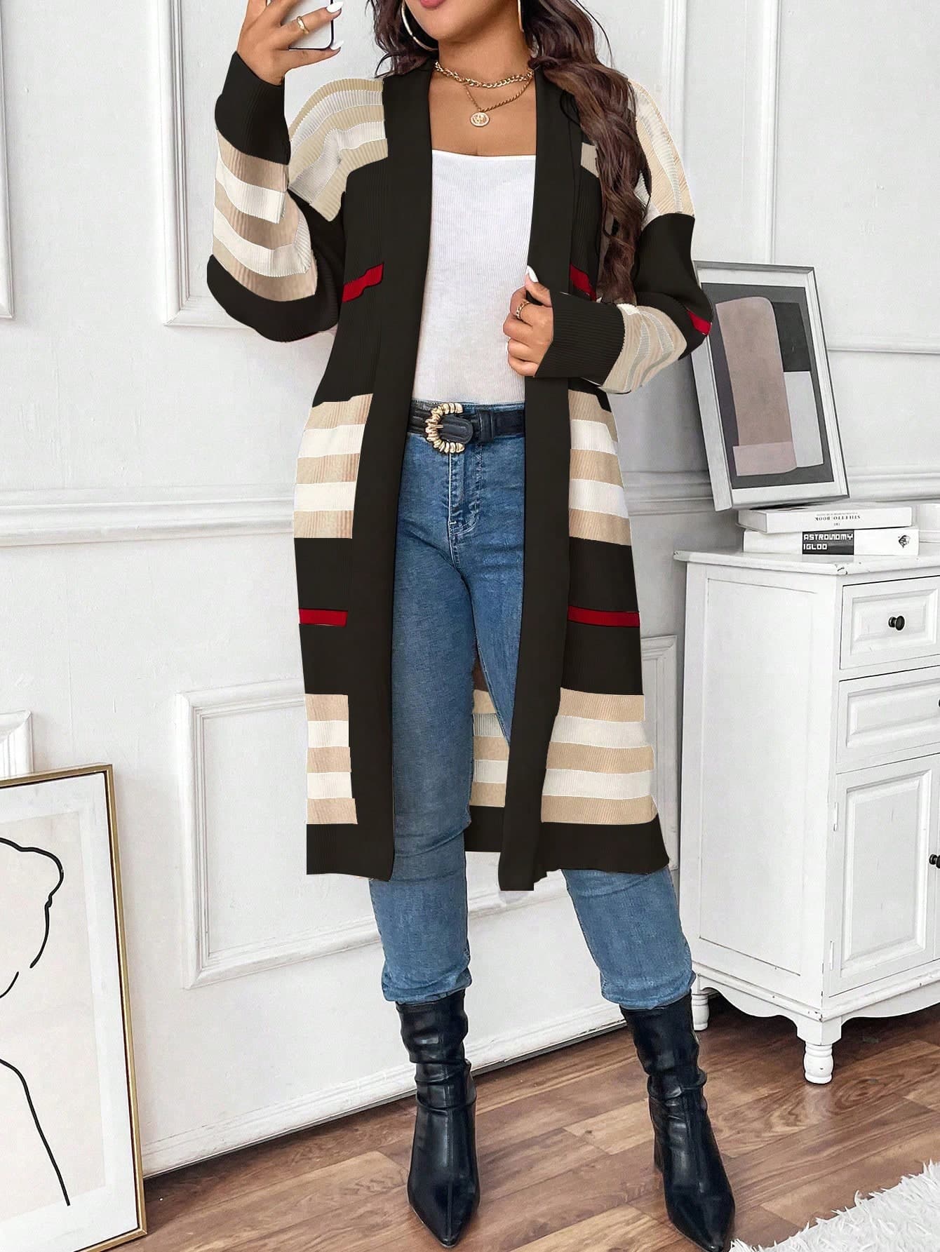 Calvaya Plus Size Women Elegant Striped Dropped Shoulder Loose Knit Long Cardigan Sweater Jacket Fall Cloth For Women