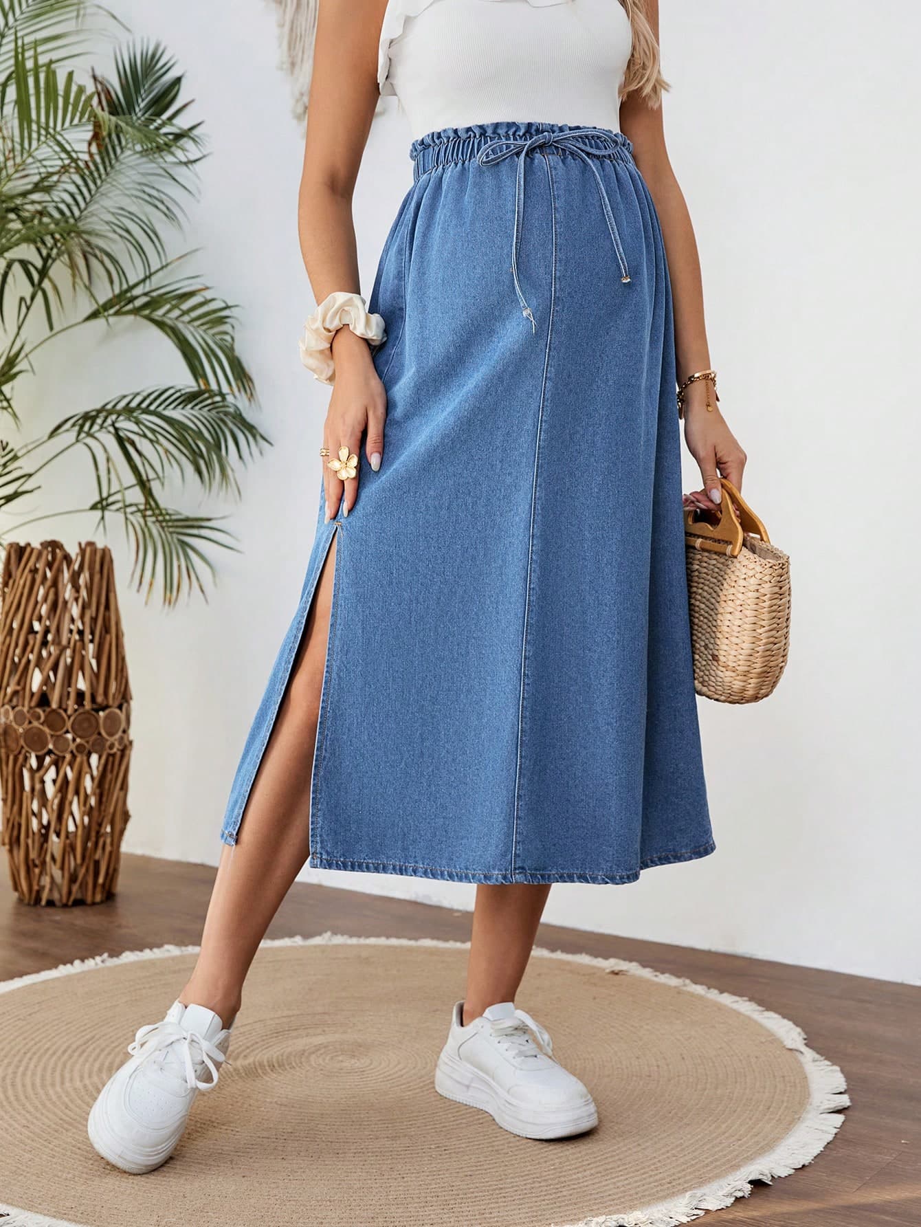 SHEIN Maternity Tie Waist Side Slit Loose Denim Skirt,Dusky Blue Summer Smart Casual Holiday Fashion,Spring Casual Vacation For Women,Mother's Day Gift Fall