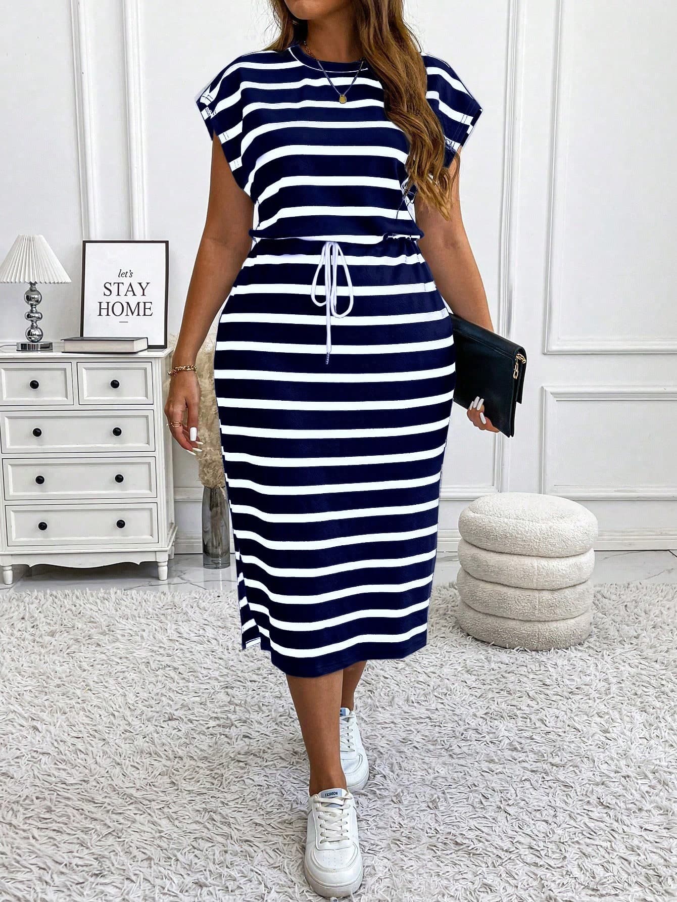 Vionelle Plus Size Striped Crew Neck Cap Sleeve Bodycon Split Drawstring Midi Casual Dress, Autumn/Winter Women Outfit, For Summer