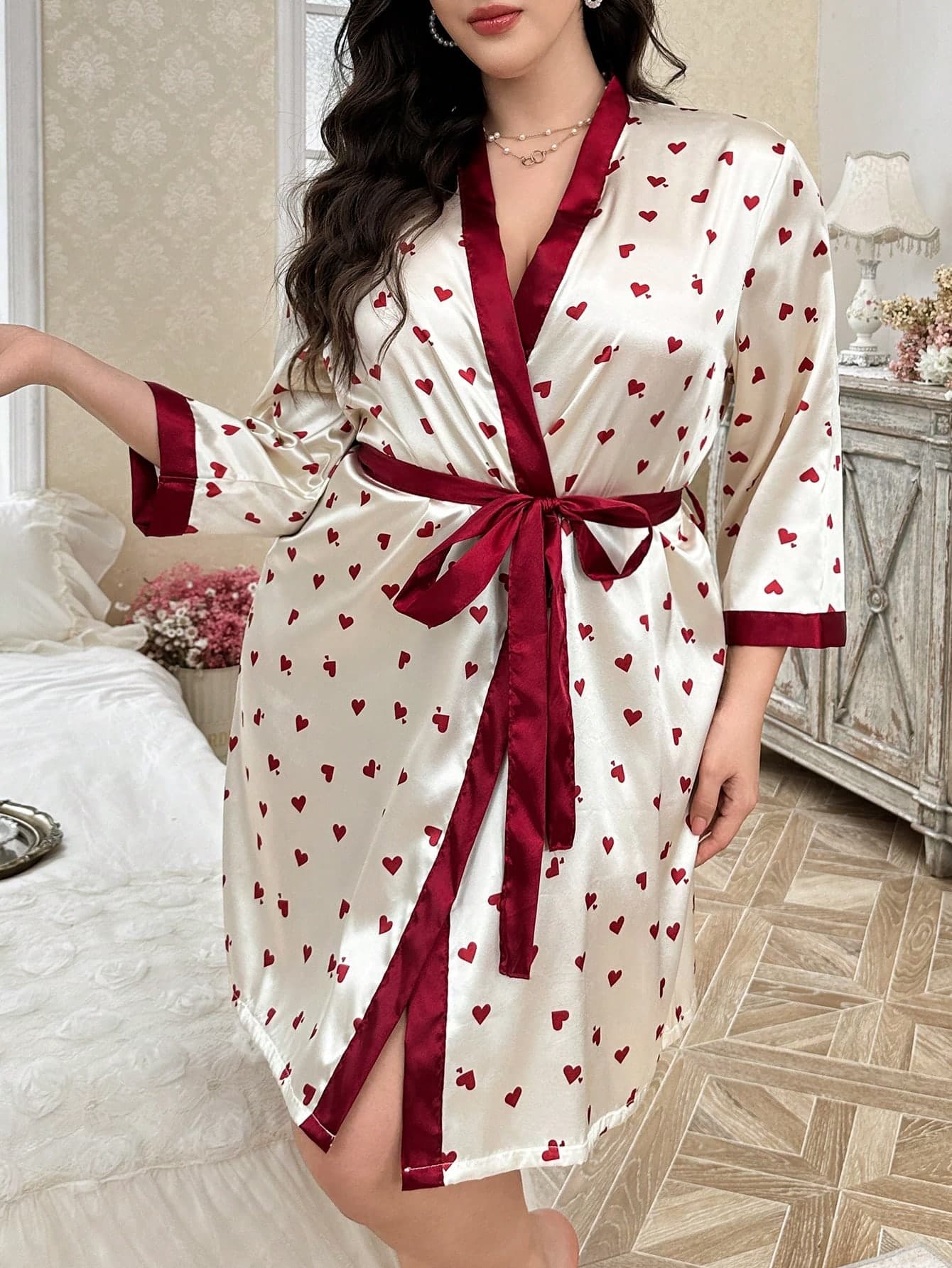 CottageSlumber Plus Size Contrast Color Splice Faux Silk Allover Heart Print Belted Robe Cozy And Elegant Details, Outfit, Fall & Winter