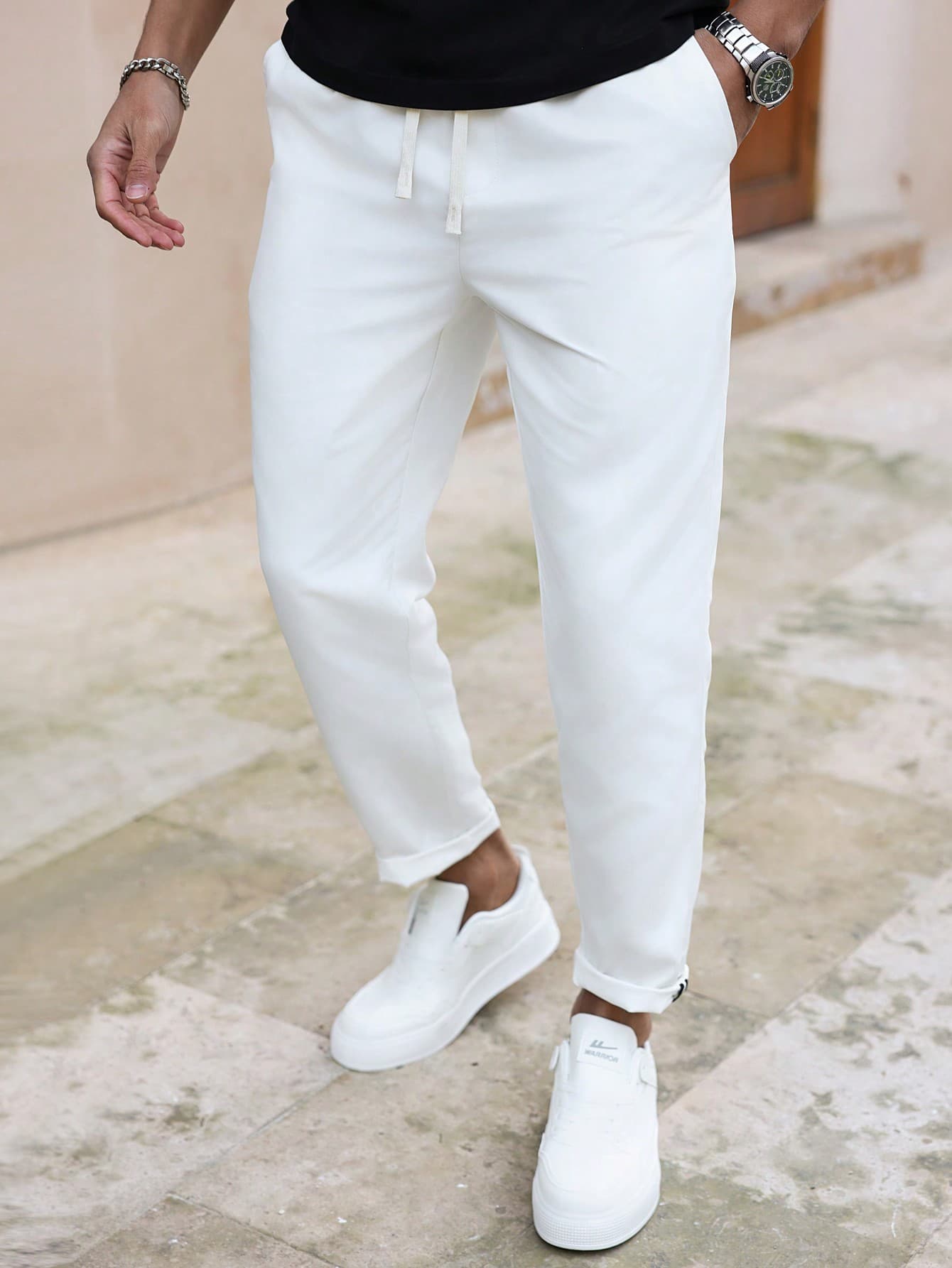 Manfinity Homme Men's White Summer Casual Vacation Holiday Business INS Street Skinny Cropped Pants,Basic Solid Trousers For Everyday Commuting Travel Fall