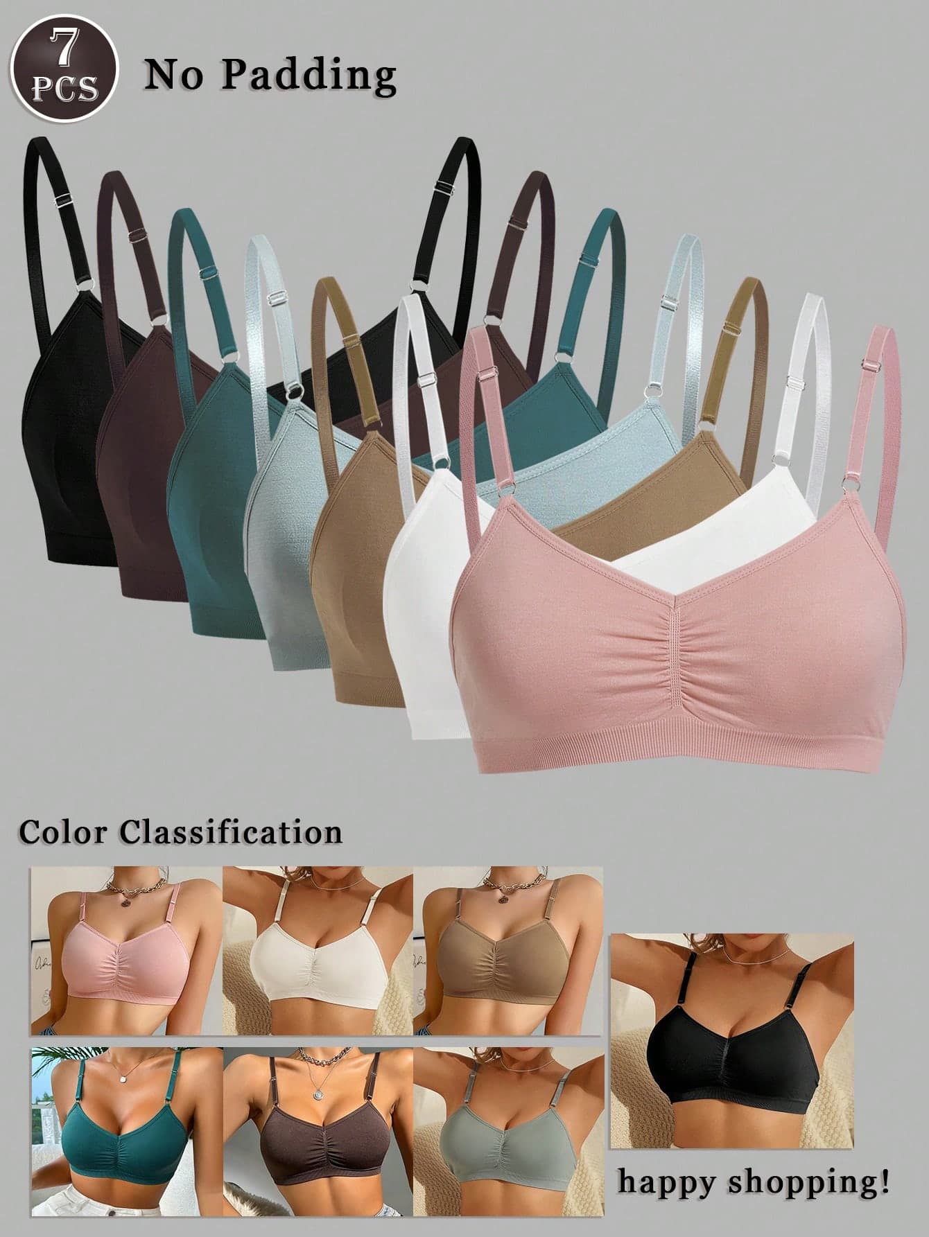 7pcs Seamless Underwear Set, Comfortable Casual Bras With Adjustable Straps